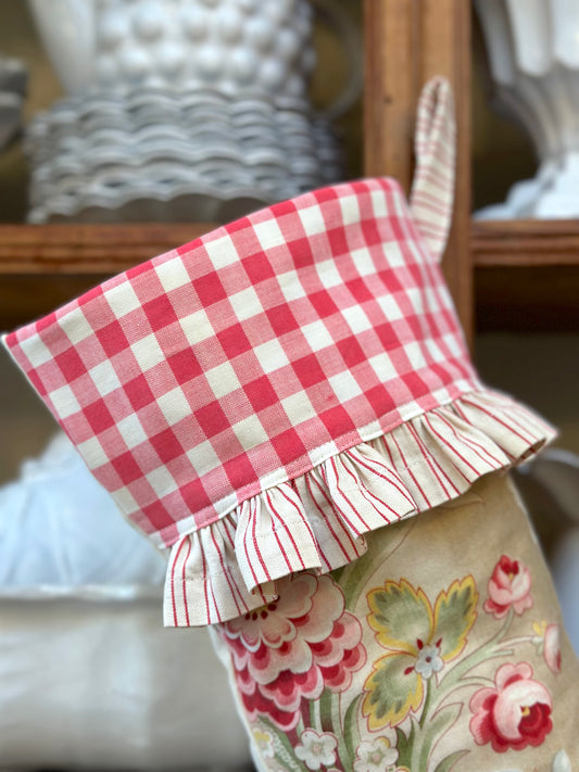 Handmade Christmas Stocking With Antique French Fabric - Raspberry Floral I