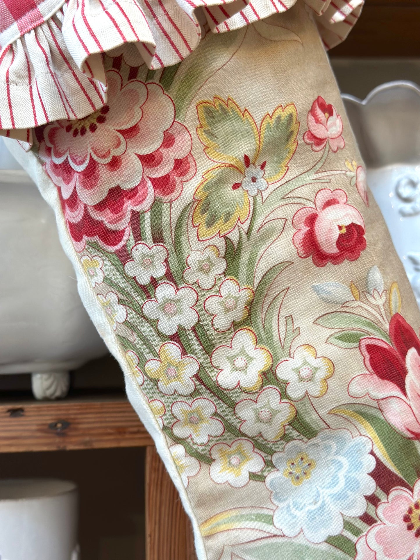 Handmade Christmas Stocking With Antique French Fabric - Raspberry Floral I