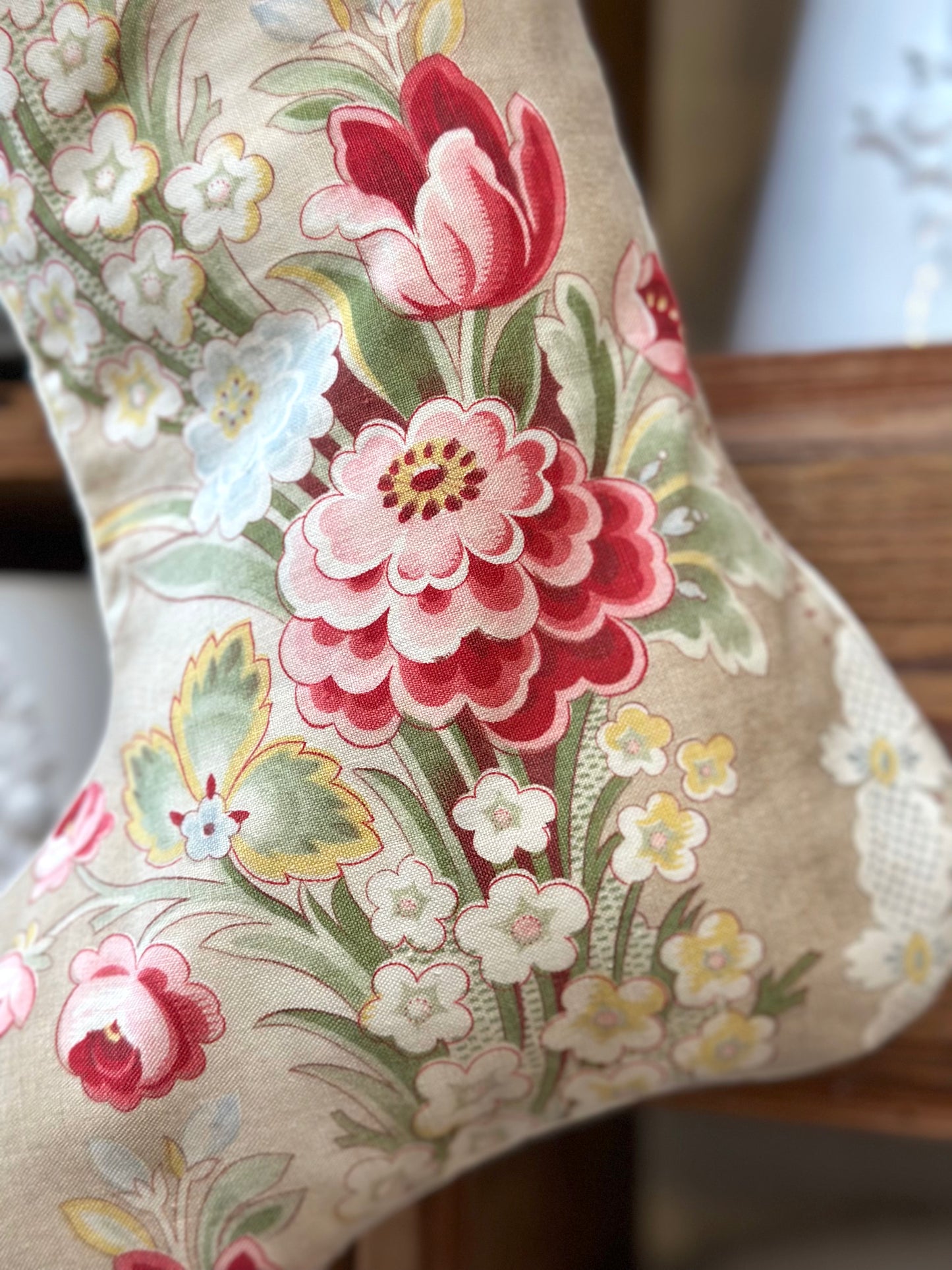 Handmade Christmas Stocking With Antique French Fabric - Raspberry Floral I