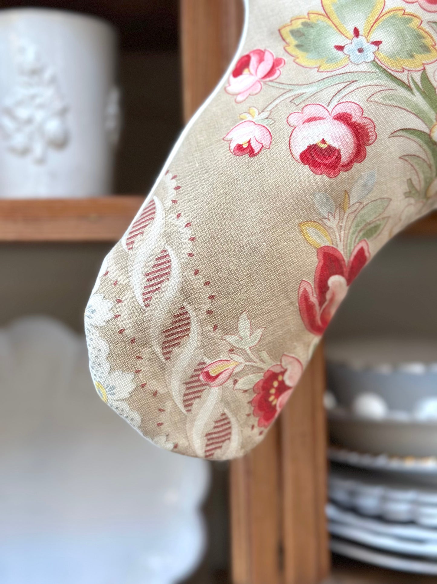 Handmade Christmas Stocking With Antique French Fabric - Raspberry Floral I