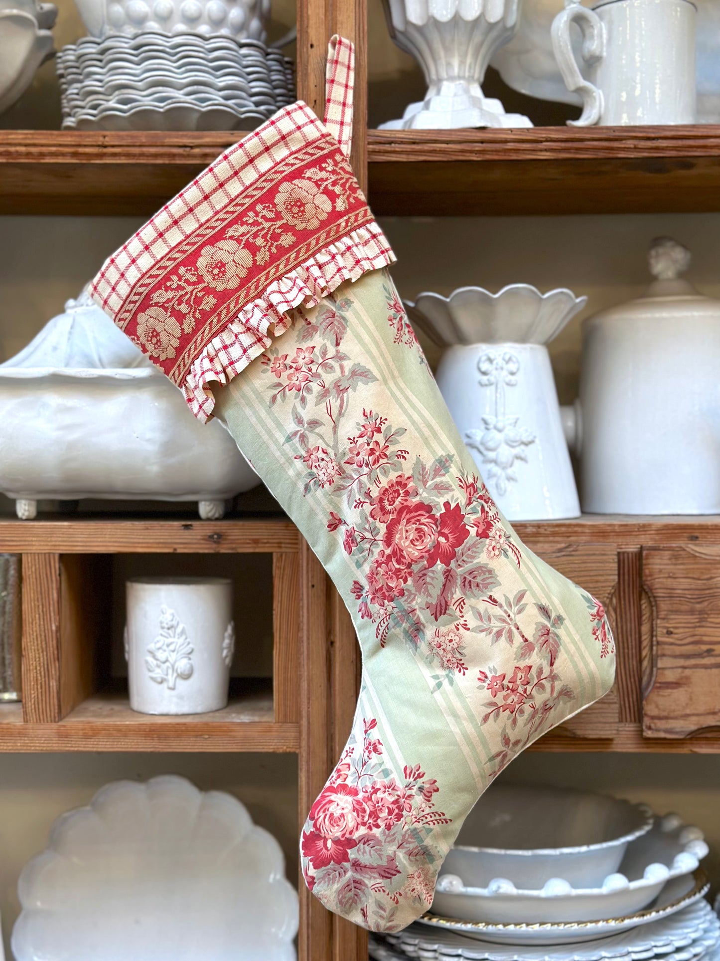 Handmade Christmas Stocking With Antique French Fabric - Raspberry Floral II