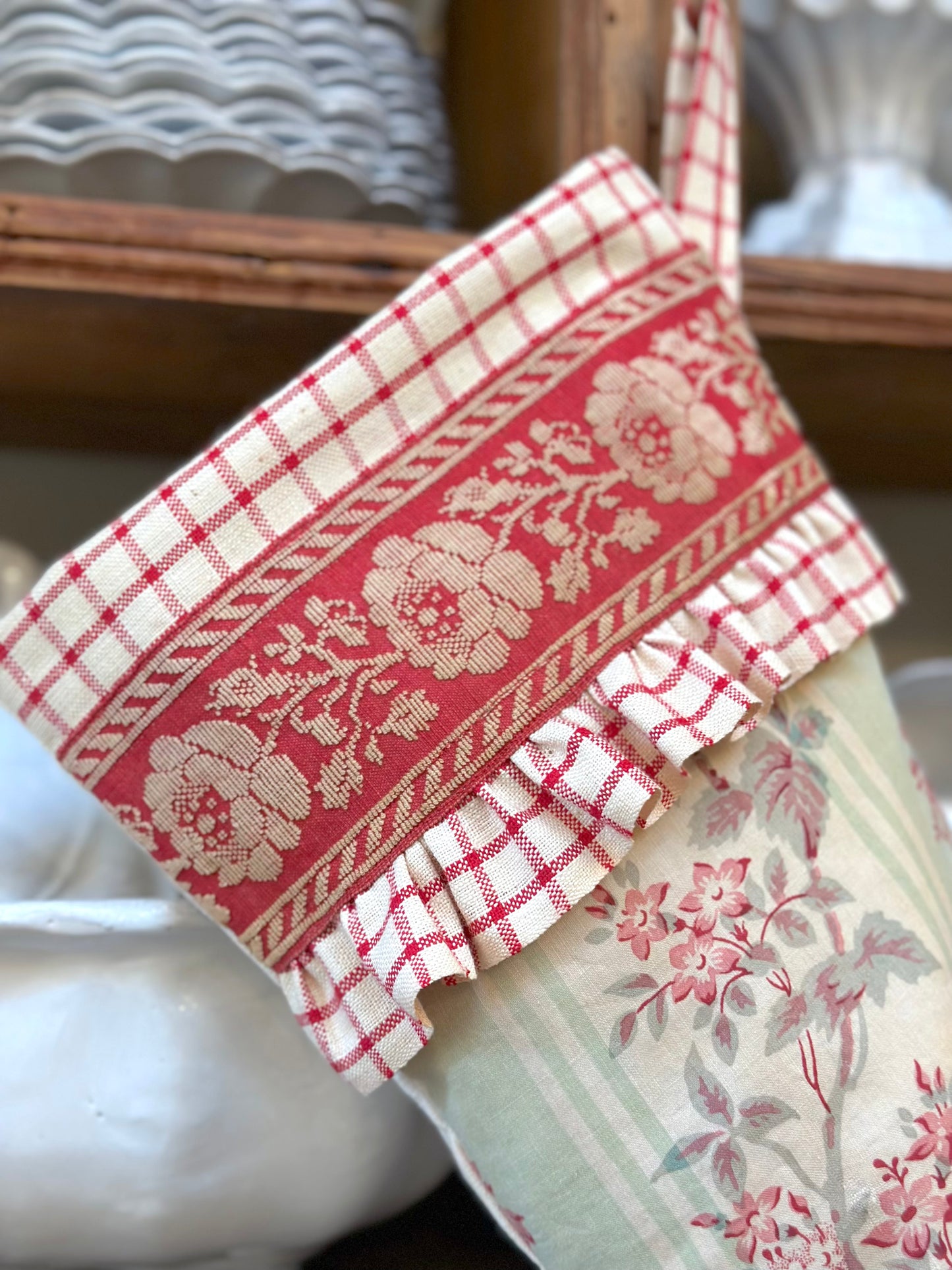 Handmade Christmas Stocking With Antique French Fabric - Raspberry Floral II