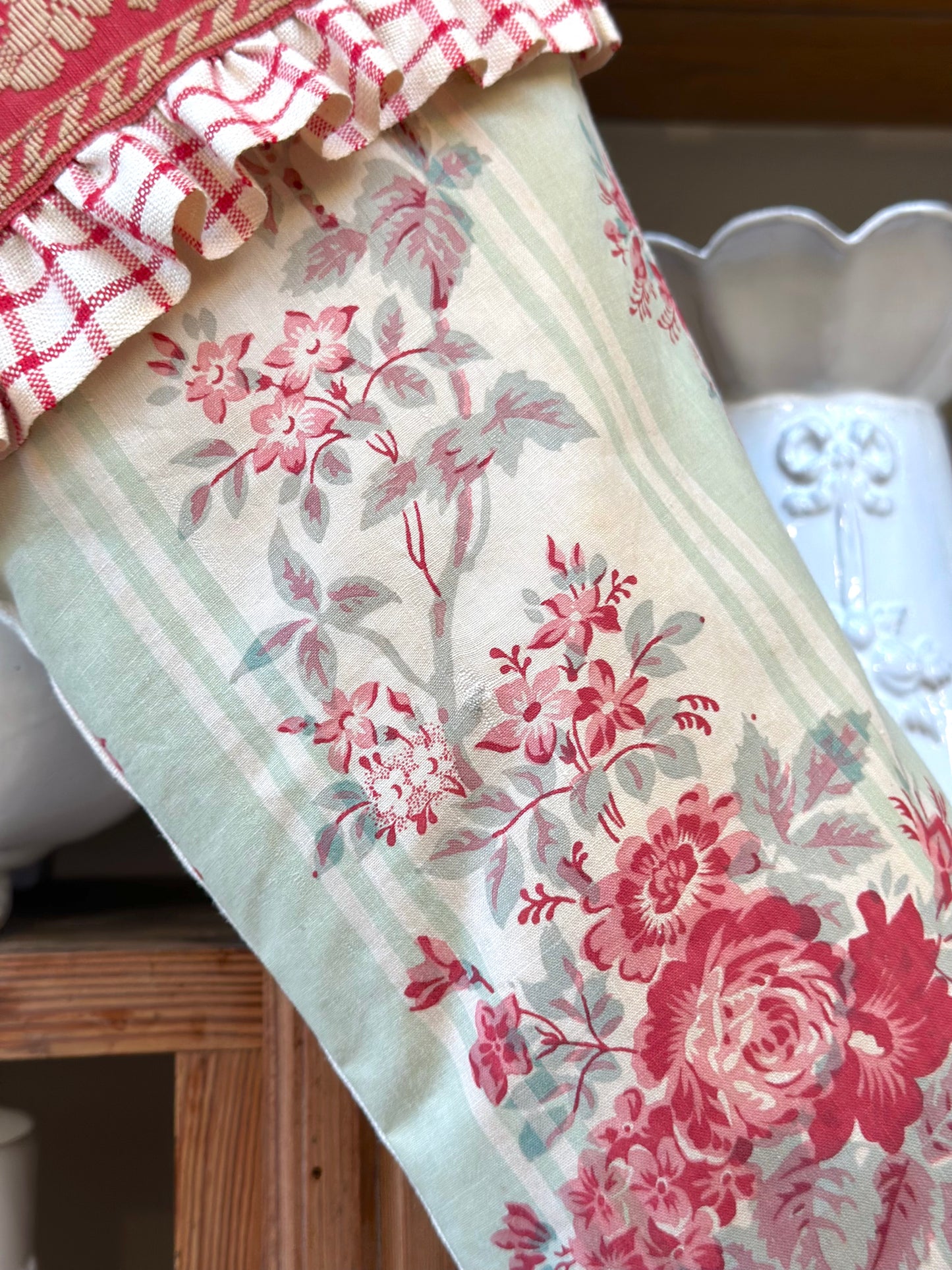 Handmade Christmas Stocking With Antique French Fabric - Raspberry Floral II