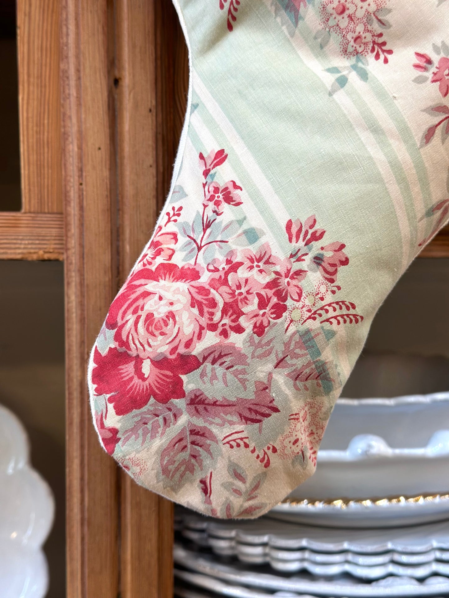 Handmade Christmas Stocking With Antique French Fabric - Raspberry Floral II