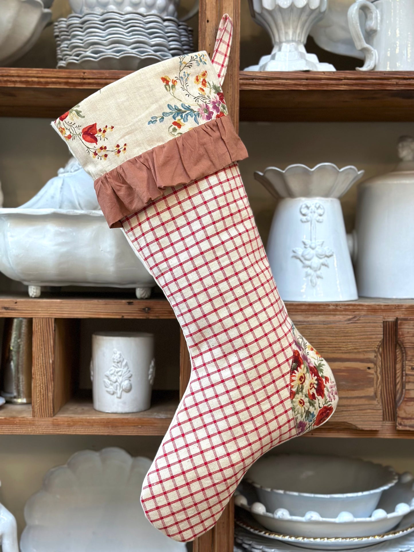 Handmade Christmas Stocking With Antique French Fabric - Raspberry Check