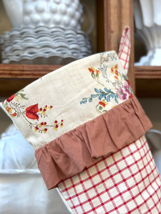 Handmade Christmas Stocking With Antique French Fabric - Raspberry Check