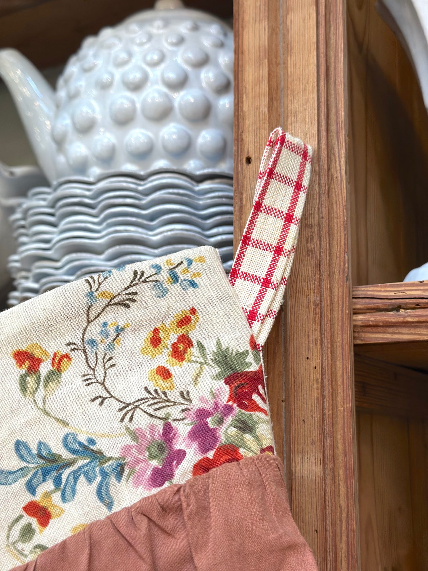 Handmade Christmas Stocking With Antique French Fabric - Raspberry Check