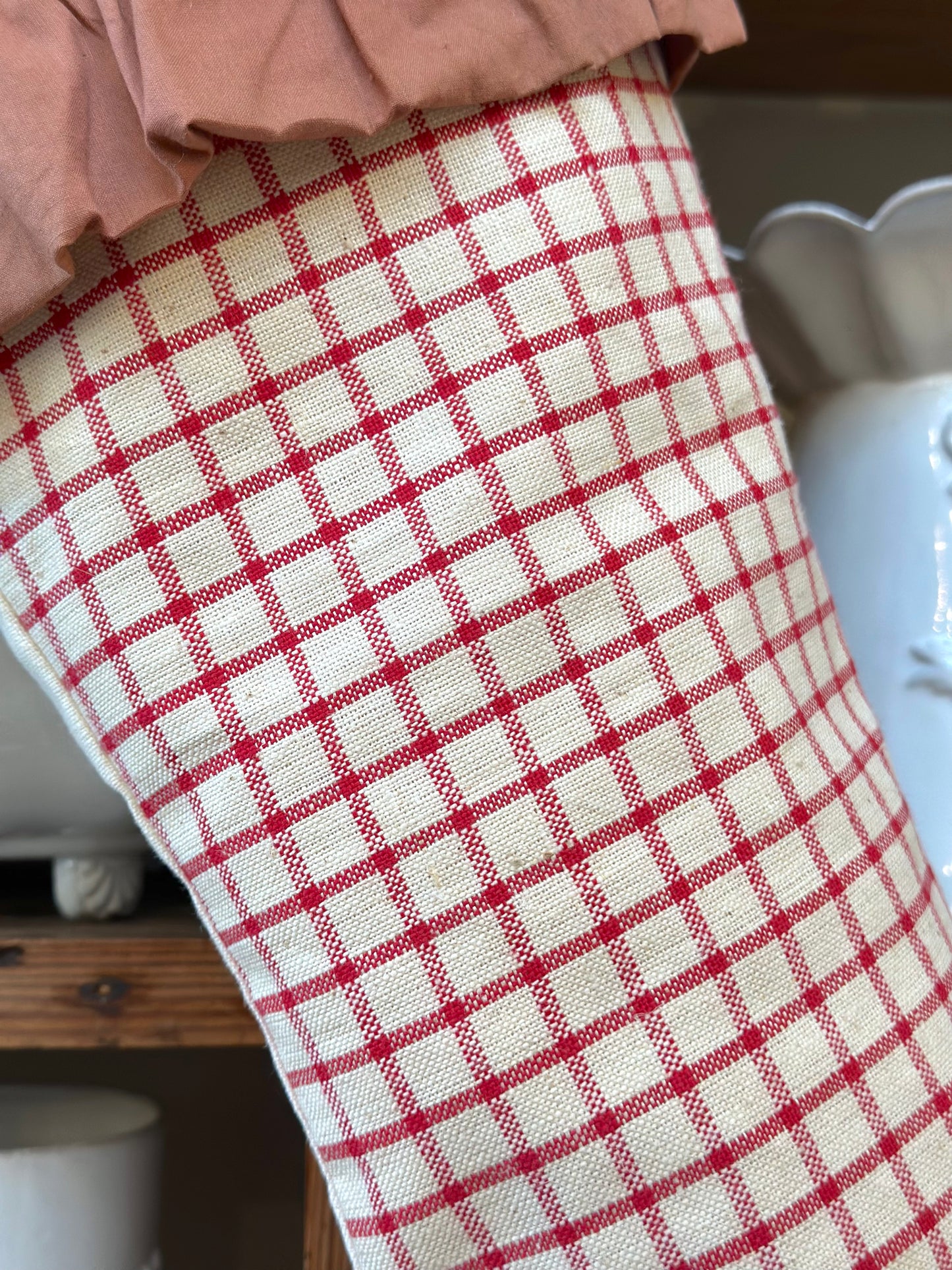 Handmade Christmas Stocking With Antique French Fabric - Raspberry Check