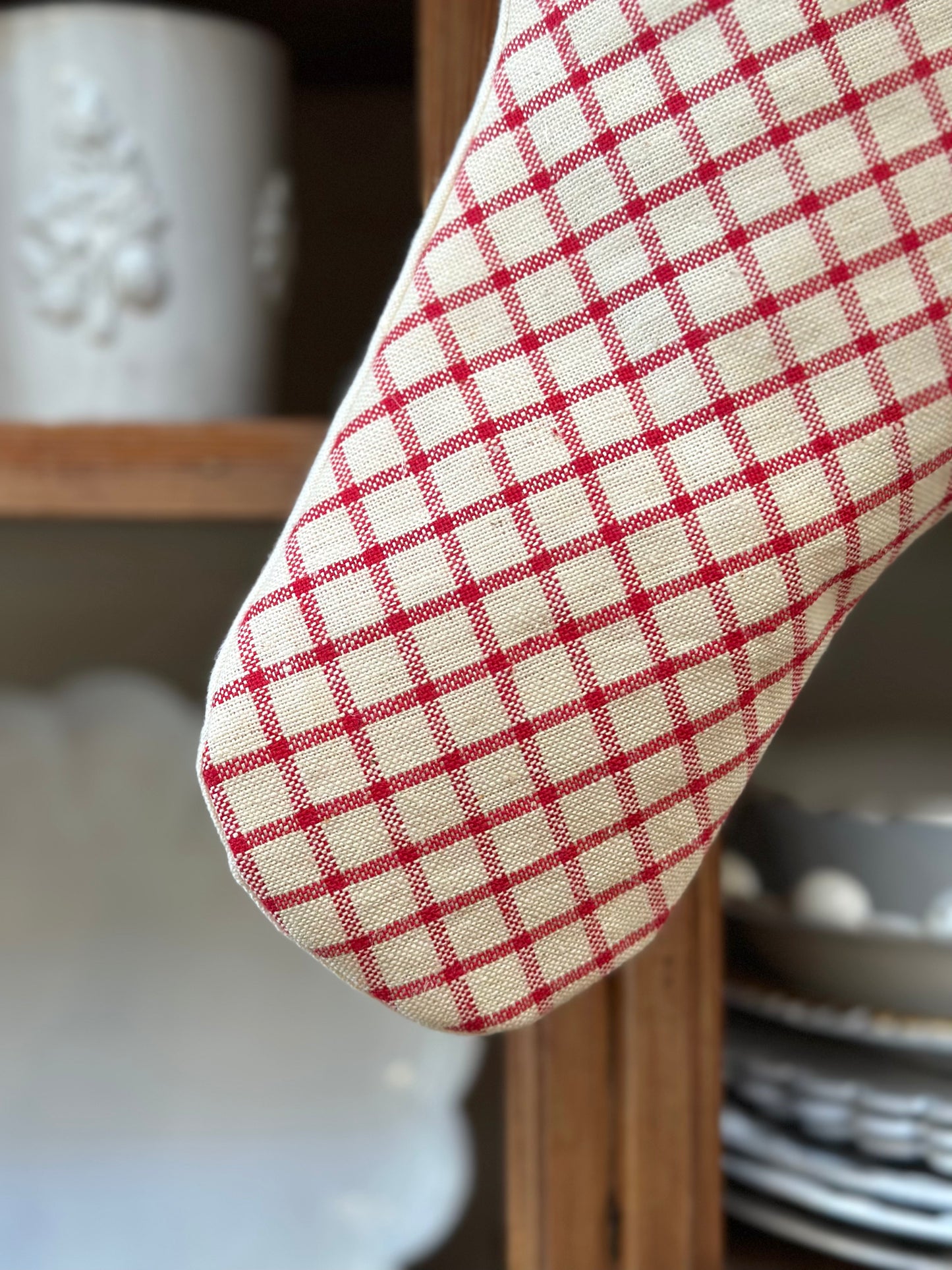 Handmade Christmas Stocking With Antique French Fabric - Raspberry Check