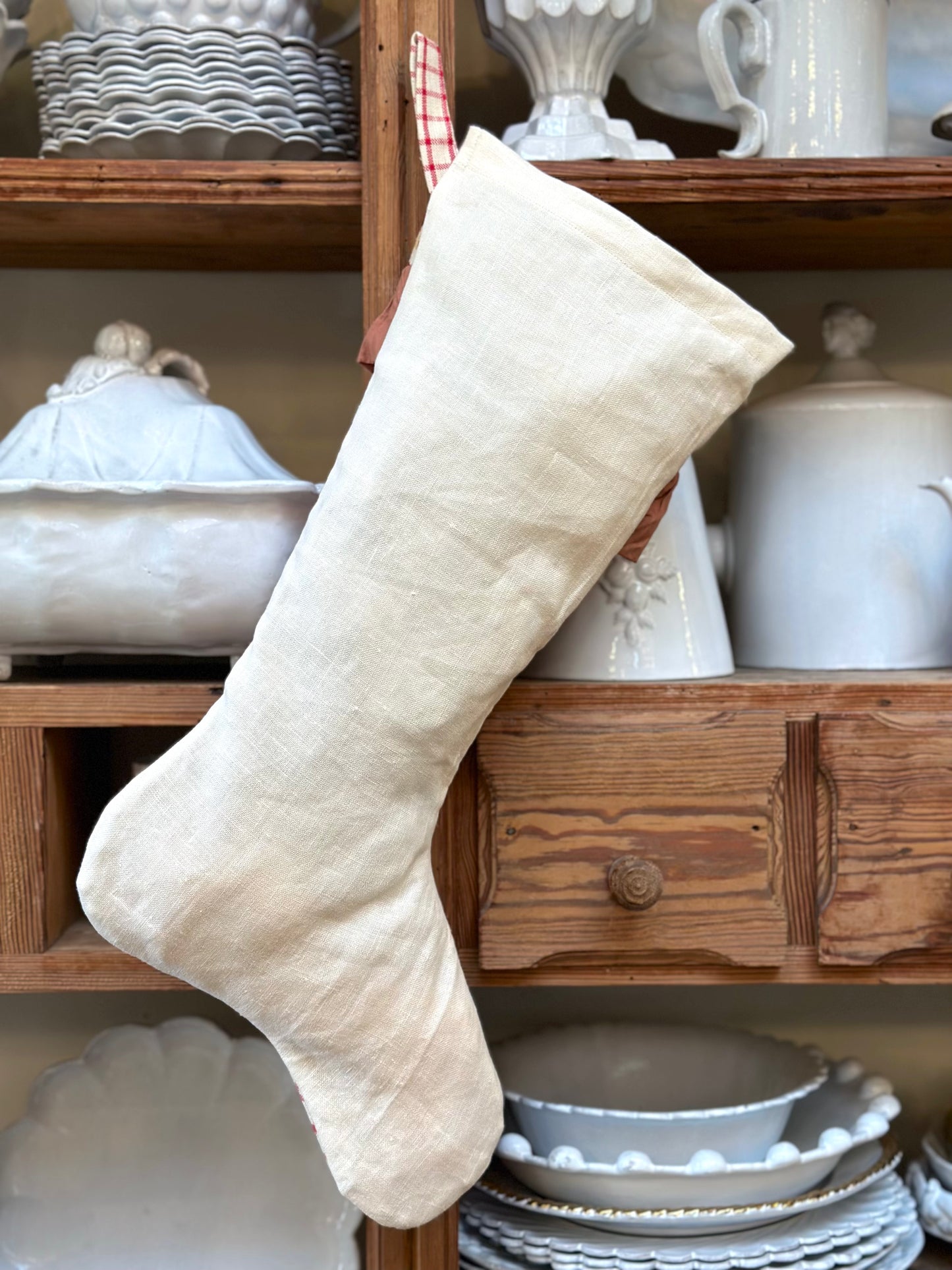 Handmade Christmas Stocking With Antique French Fabric - Raspberry Check