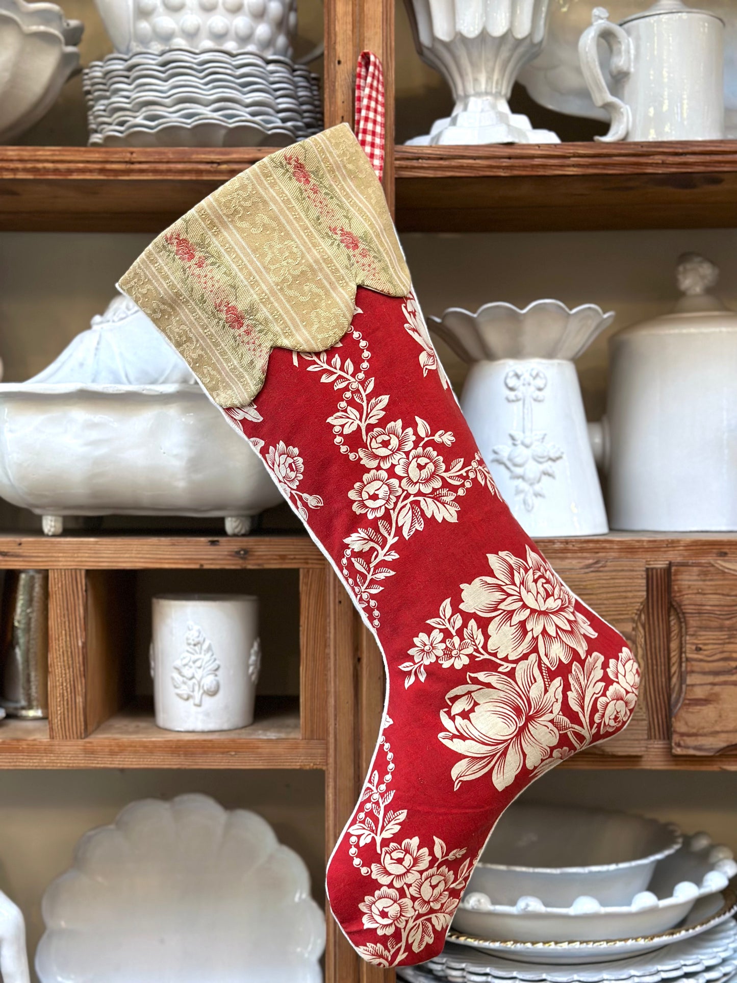 Handmade Christmas Stocking With Antique French Fabric - Raspberry Floral III