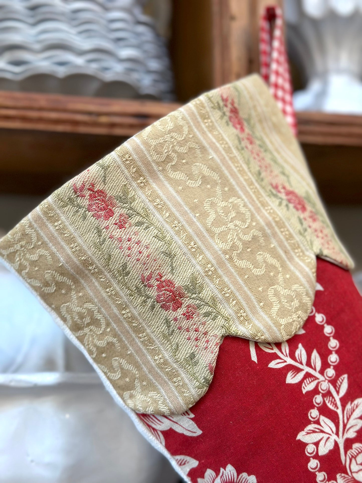 Handmade Christmas Stocking With Antique French Fabric - Raspberry Floral III