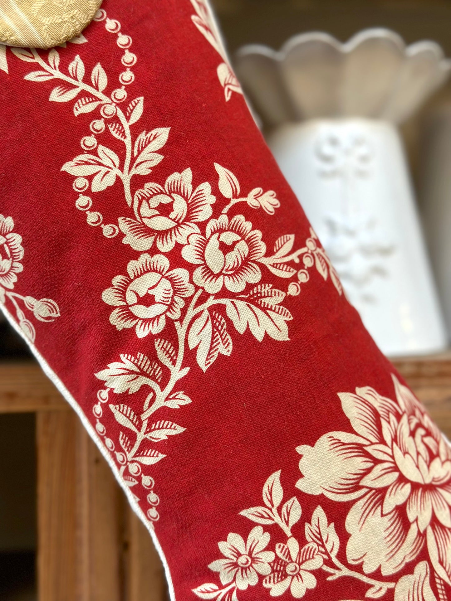 Handmade Christmas Stocking With Antique French Fabric - Raspberry Floral III