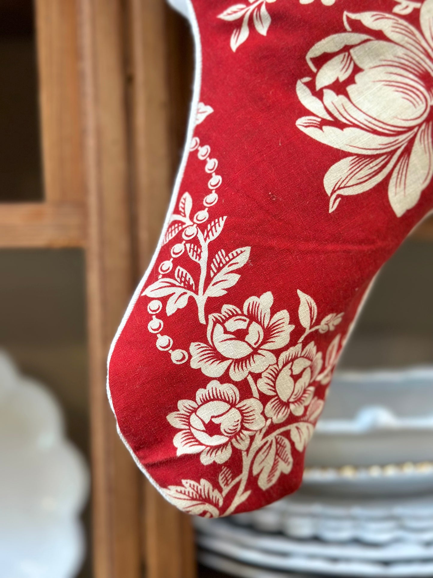 Handmade Christmas Stocking With Antique French Fabric - Raspberry Floral III