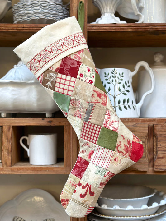 Handmade Christmas Stocking With Antique French Fabric - Red & Green Patchwork II