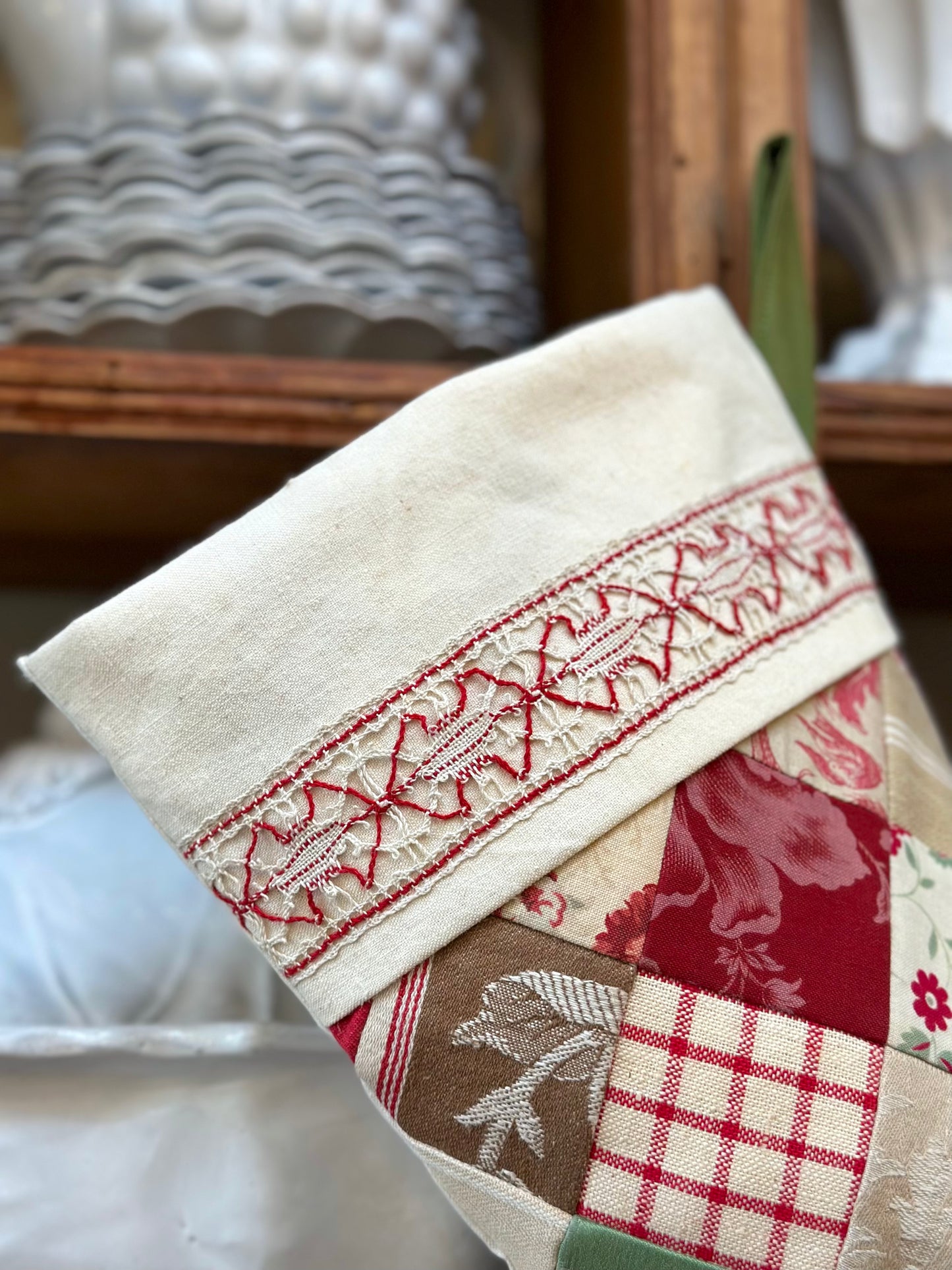 Handmade Christmas Stocking With Antique French Fabric - Red & Green Patchwork II