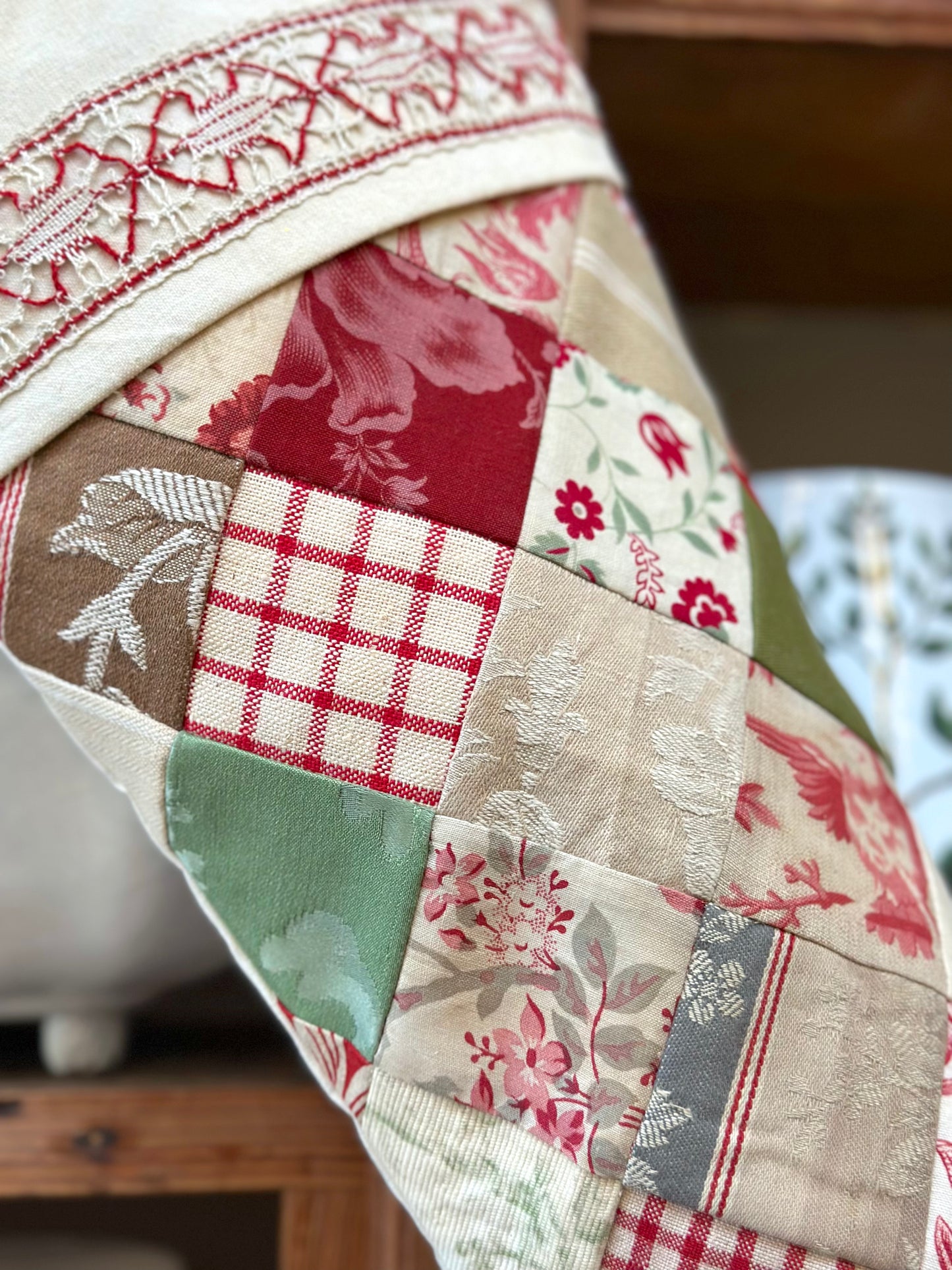 Handmade Christmas Stocking With Antique French Fabric - Red & Green Patchwork II