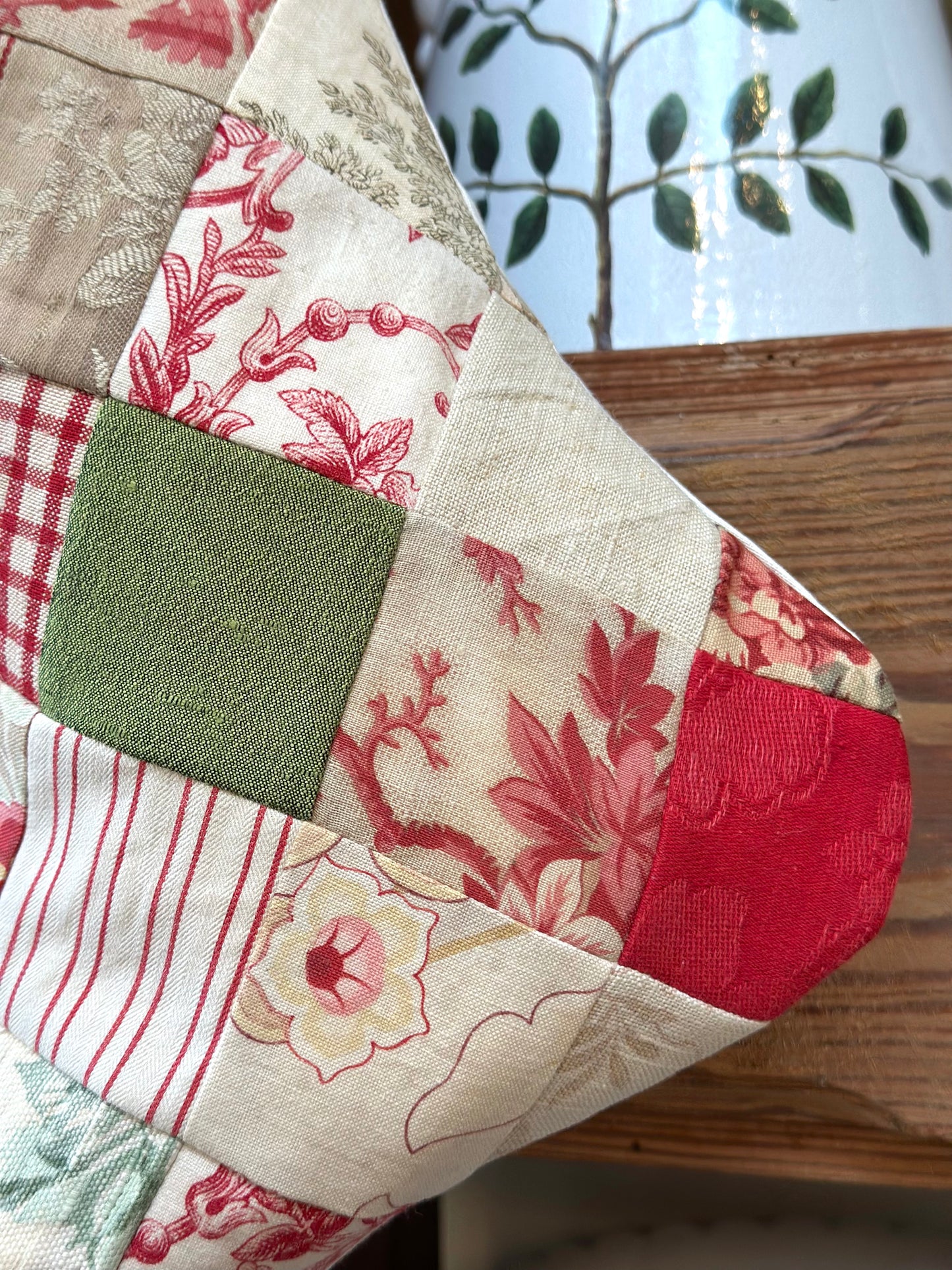 Handmade Christmas Stocking With Antique French Fabric - Red & Green Patchwork II