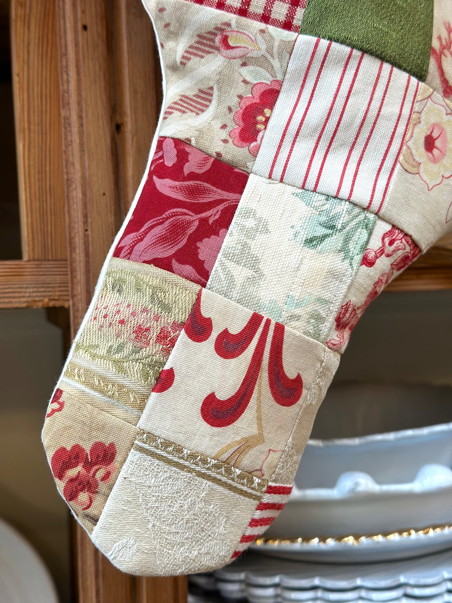 Handmade Christmas Stocking With Antique French Fabric - Red & Green Patchwork II