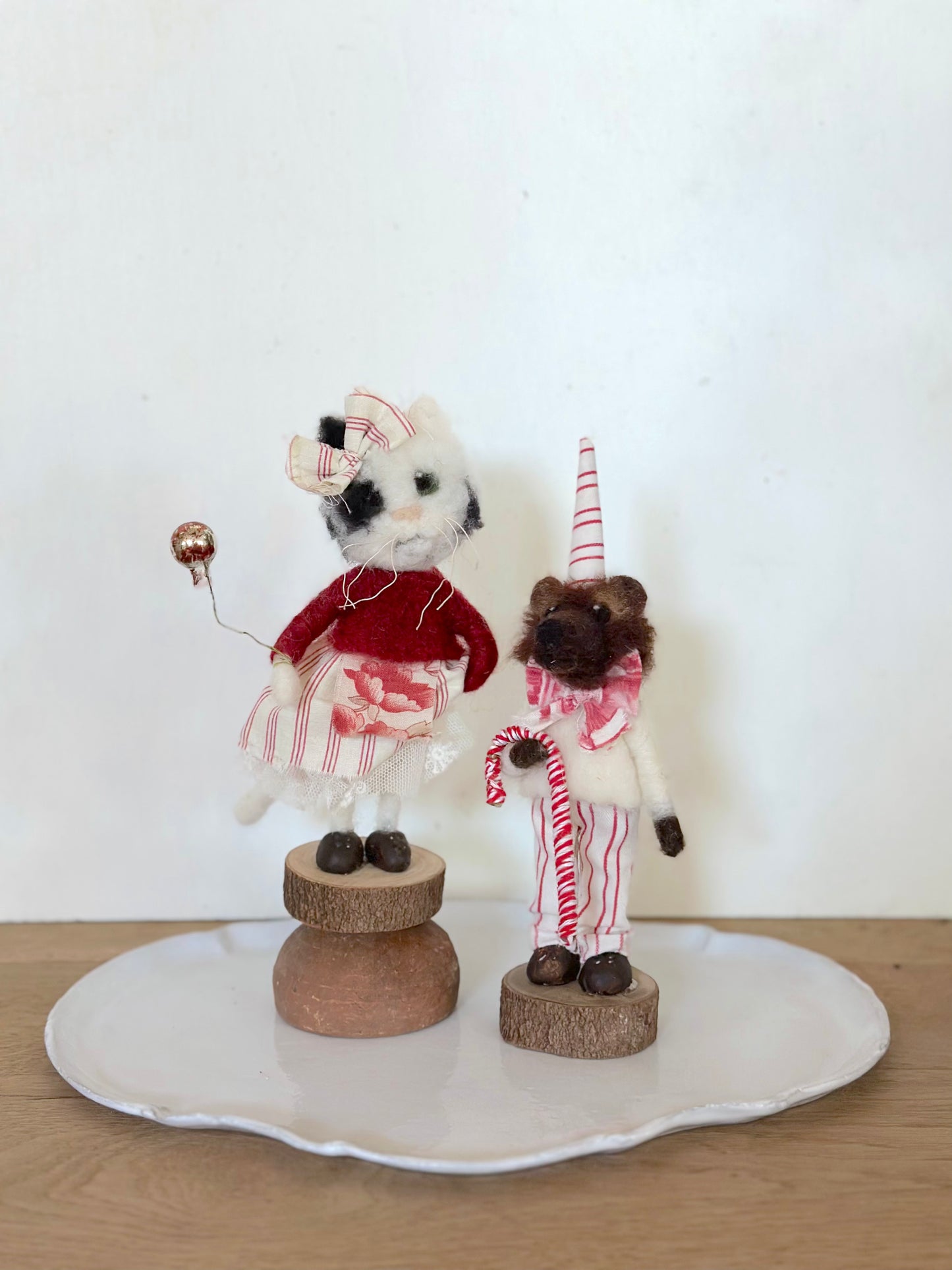 Hand Felted Festive Christmas Cat Or Bear With Antique French Fabrics