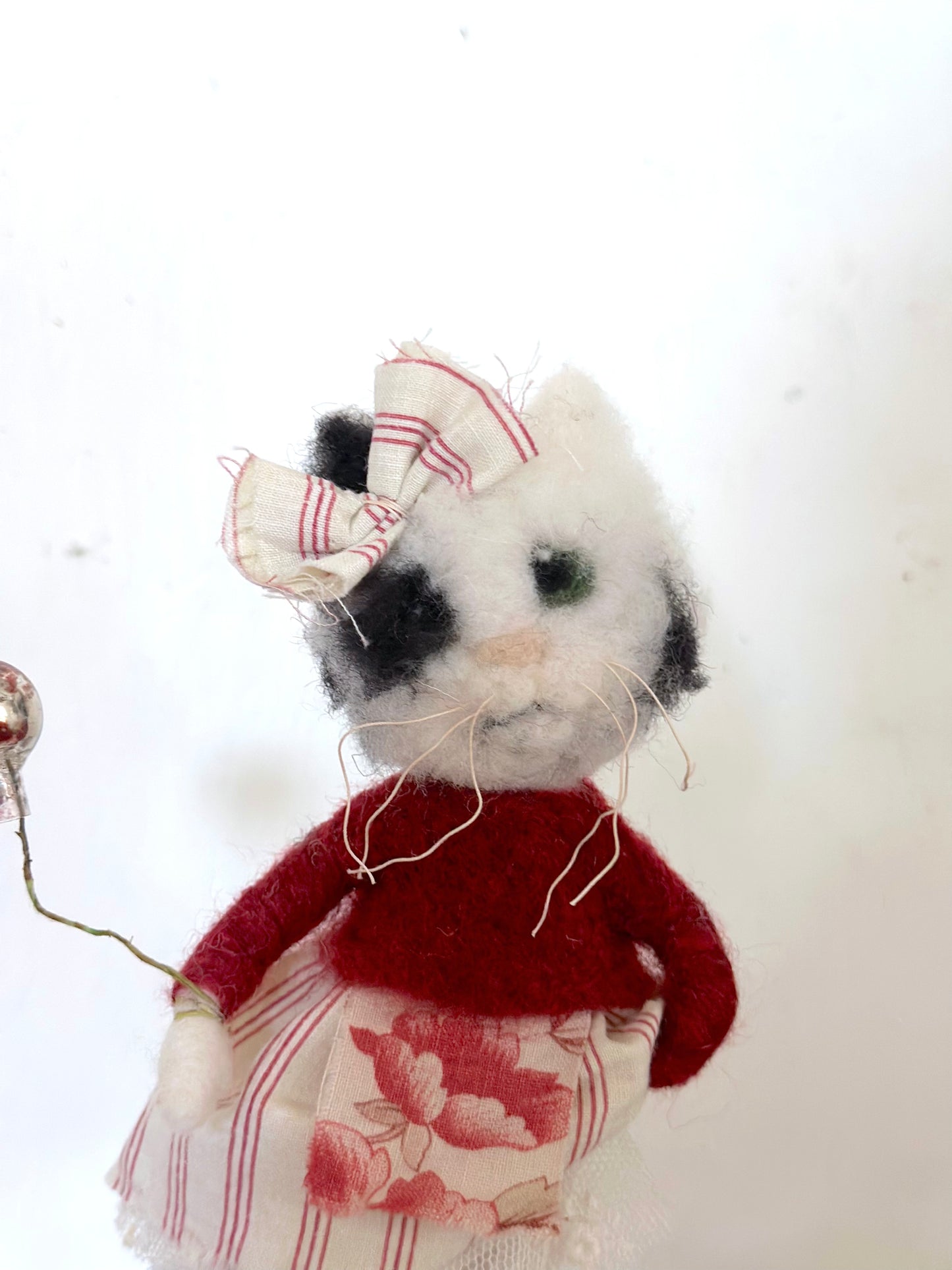Hand Felted Festive Christmas Cat Or Bear With Antique French Fabrics