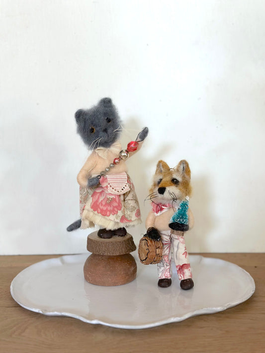 Hand Felted Festive Christmas Fox Or Cat With Antique French Fabrics