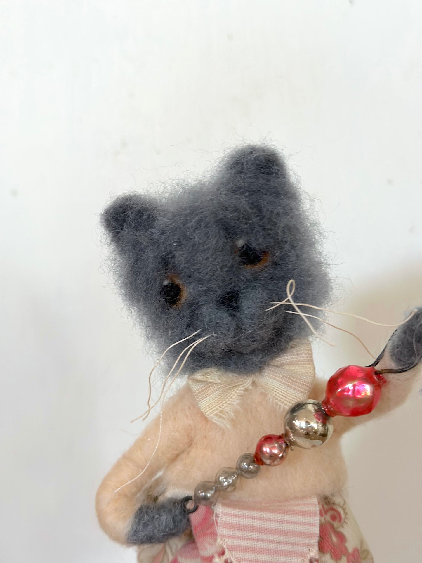 Hand Felted Festive Christmas Fox Or Cat With Antique French Fabrics