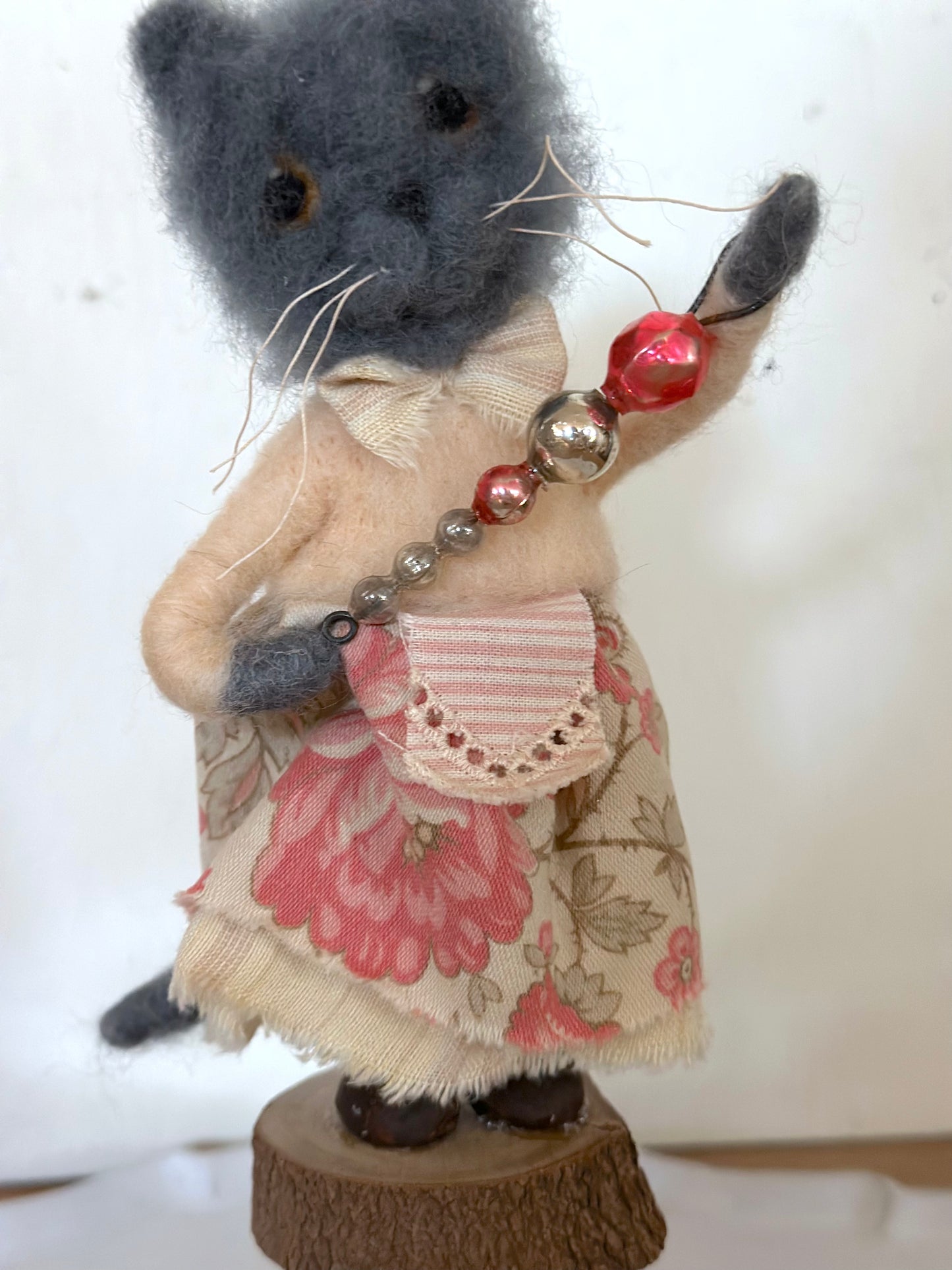 Hand Felted Festive Christmas Fox Or Cat With Antique French Fabrics