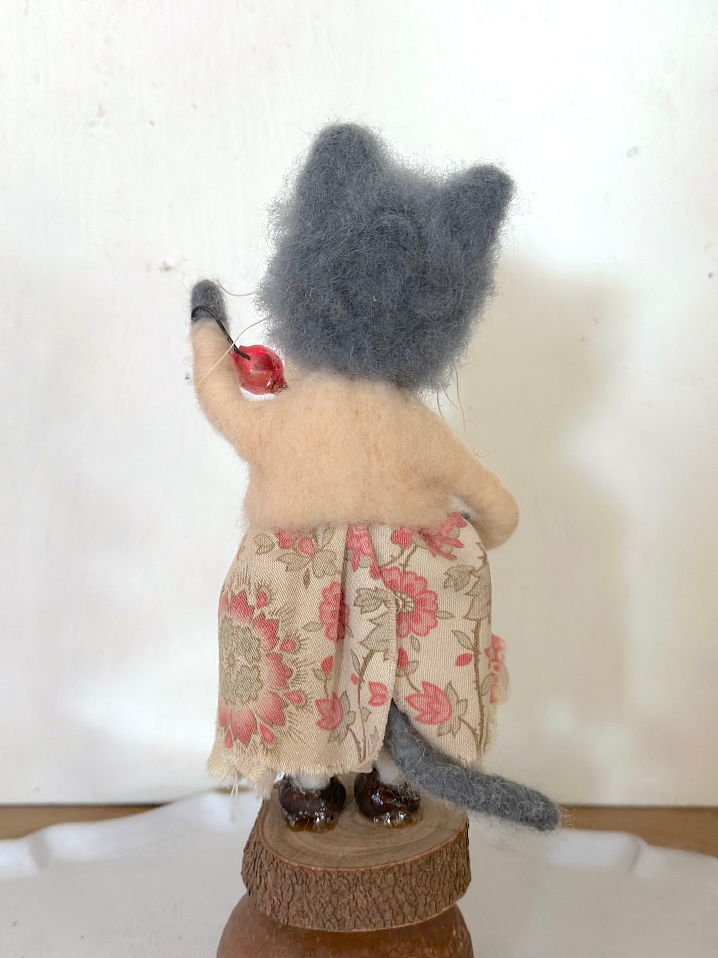 Hand Felted Festive Christmas Fox Or Cat With Antique French Fabrics