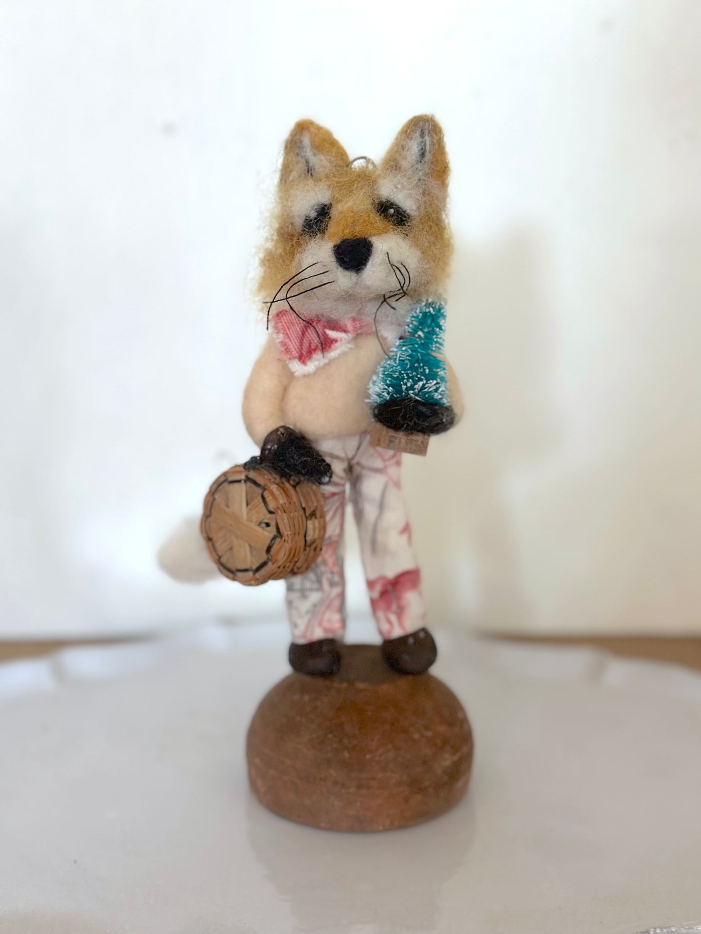 Hand Felted Festive Christmas Fox Or Cat With Antique French Fabrics