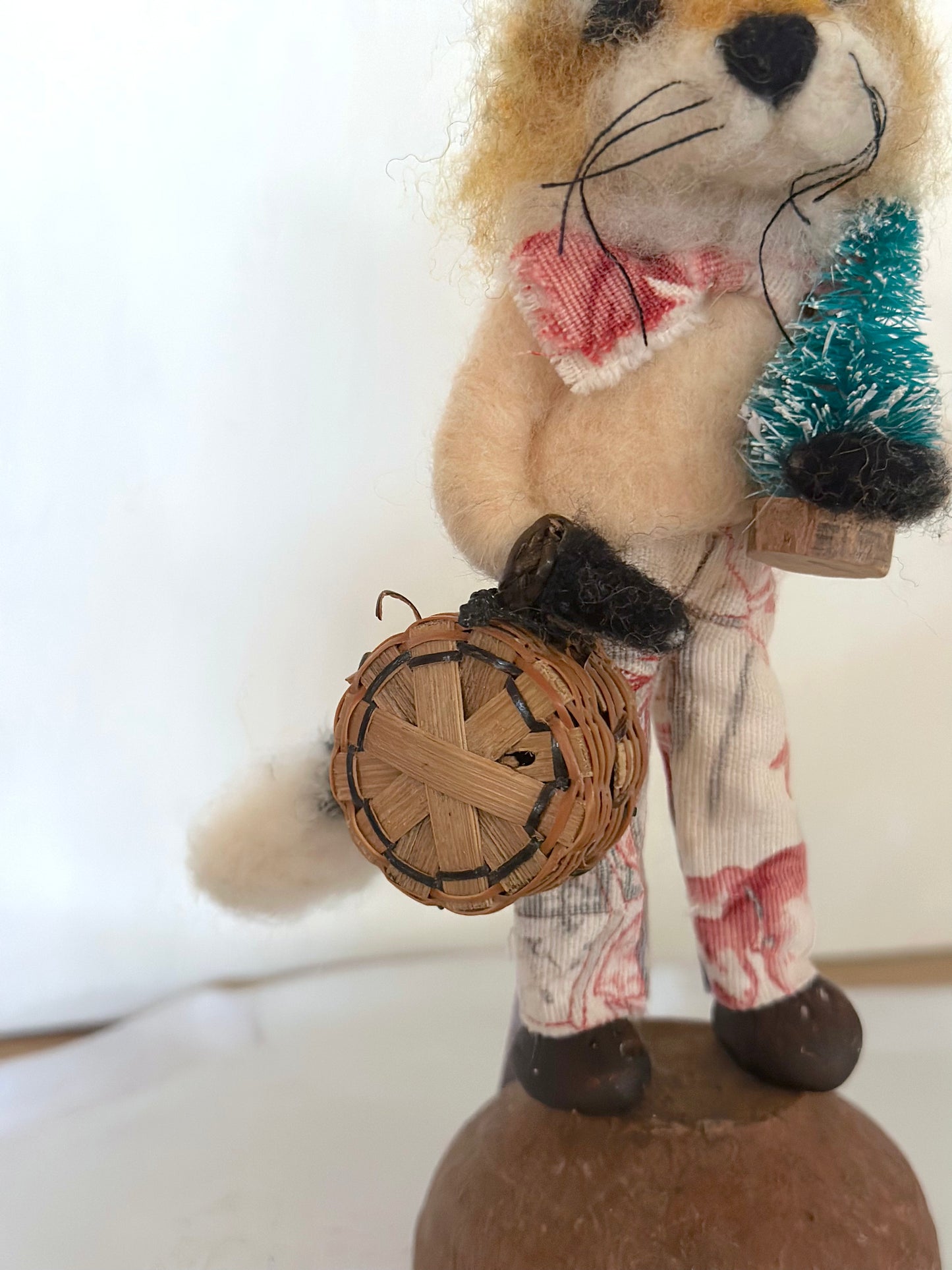 Hand Felted Festive Christmas Fox Or Cat With Antique French Fabrics