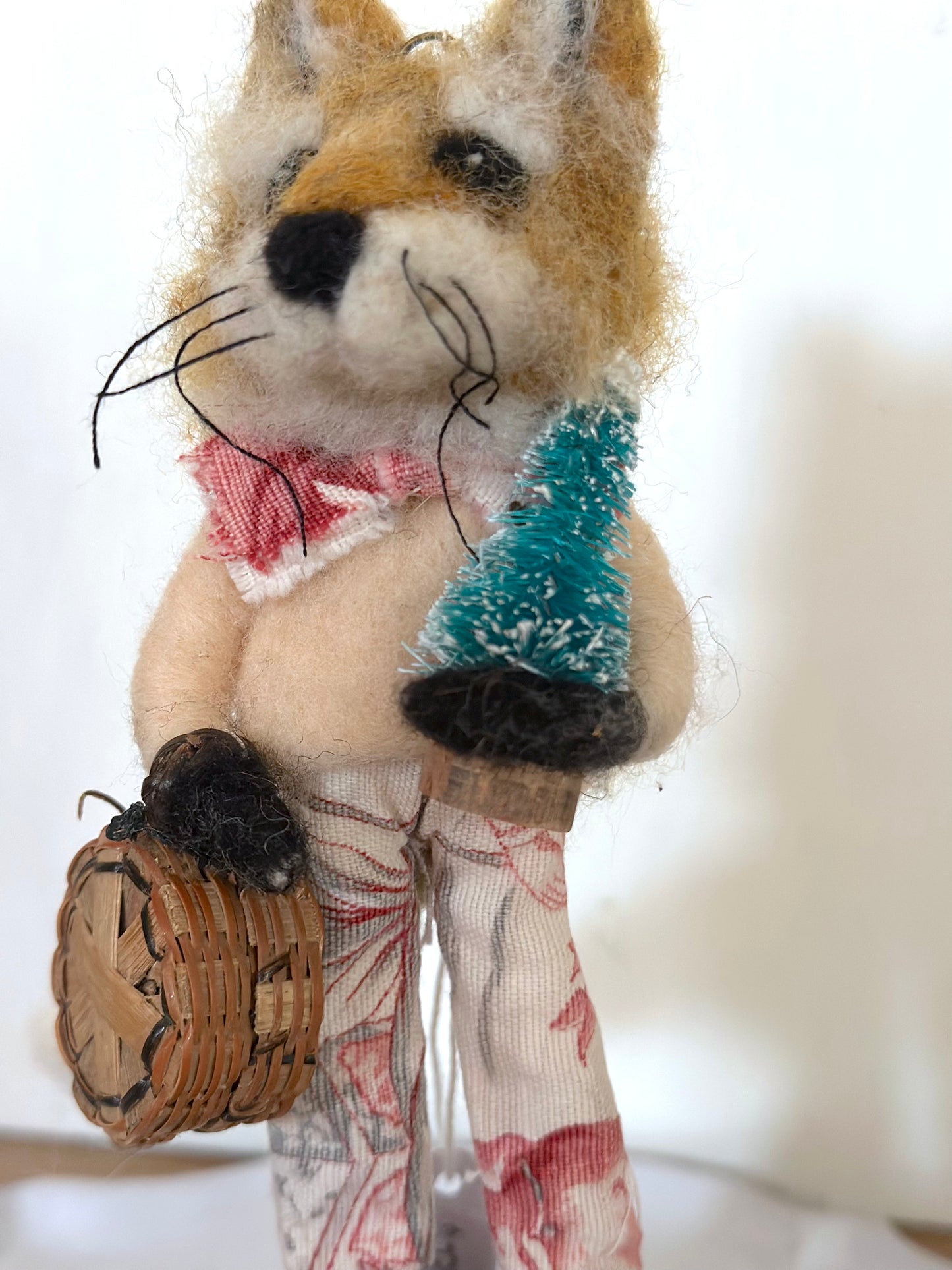 Hand Felted Festive Christmas Fox Or Cat With Antique French Fabrics
