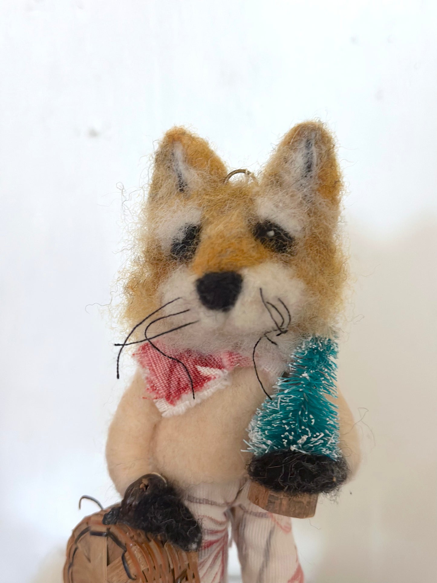 Hand Felted Festive Christmas Fox Or Cat With Antique French Fabrics