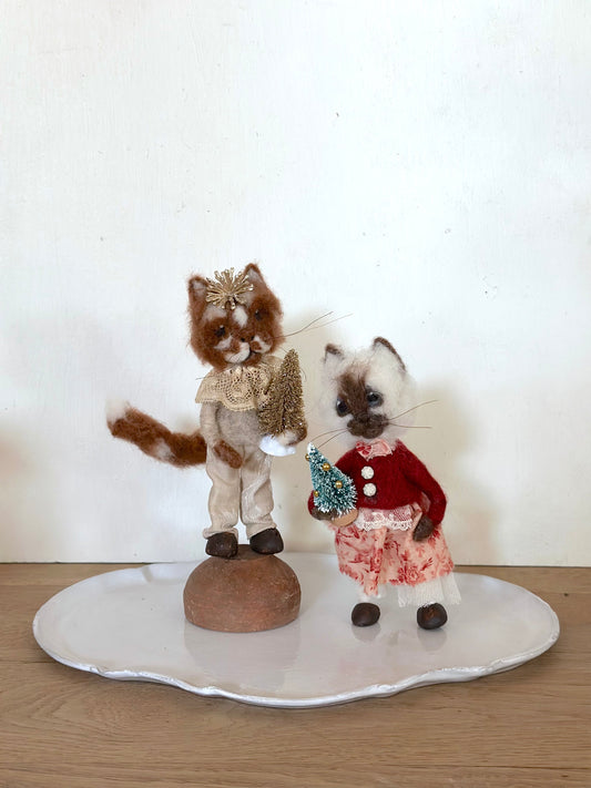 Hand Felted Festive Christmas Cats With Antique French Fabrics