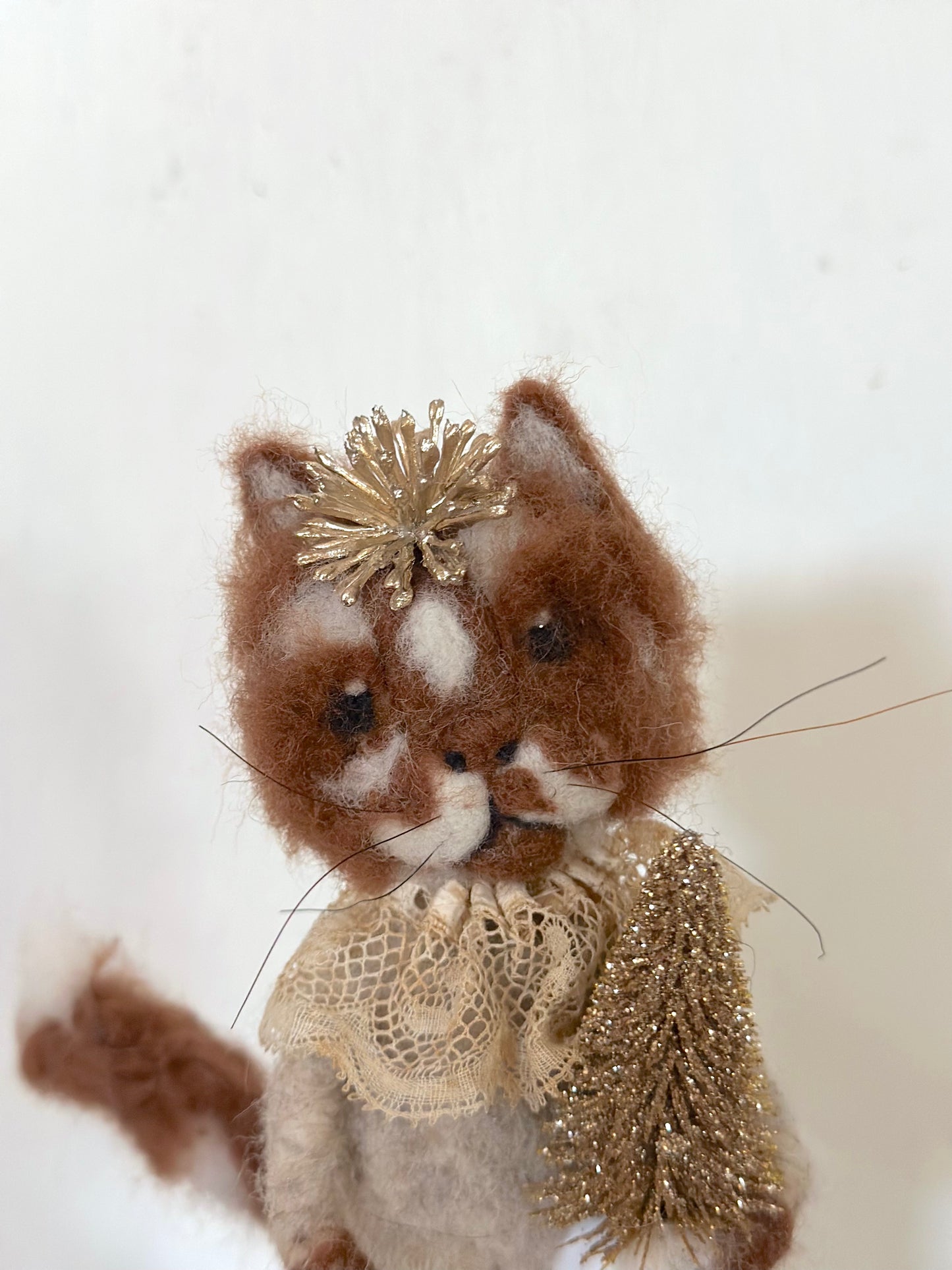Hand Felted Festive Christmas Cats With Antique French Fabrics