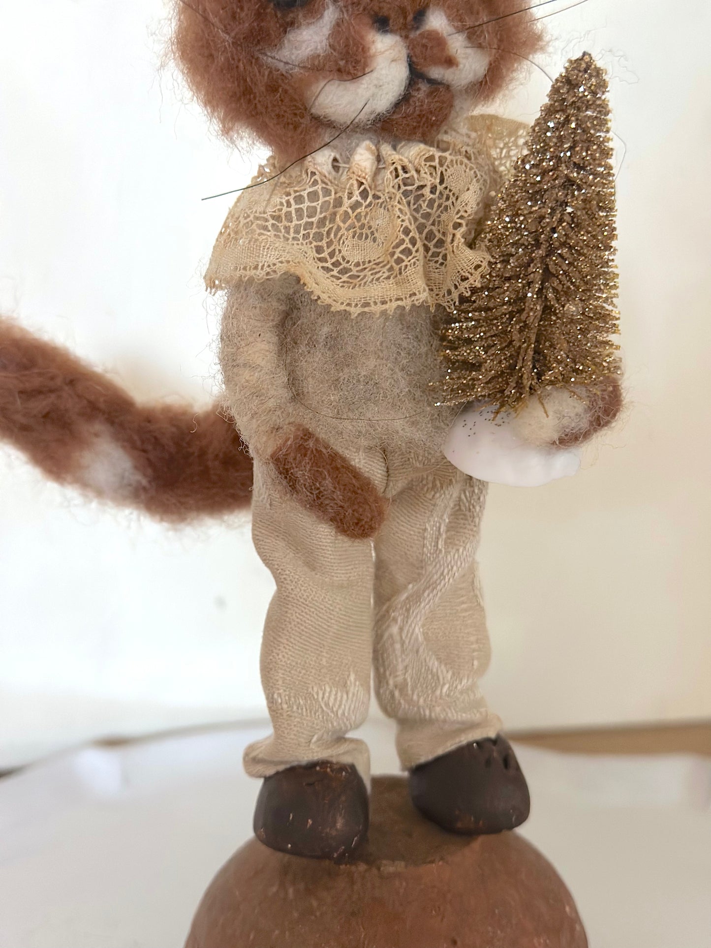 Hand Felted Festive Christmas Cats With Antique French Fabrics