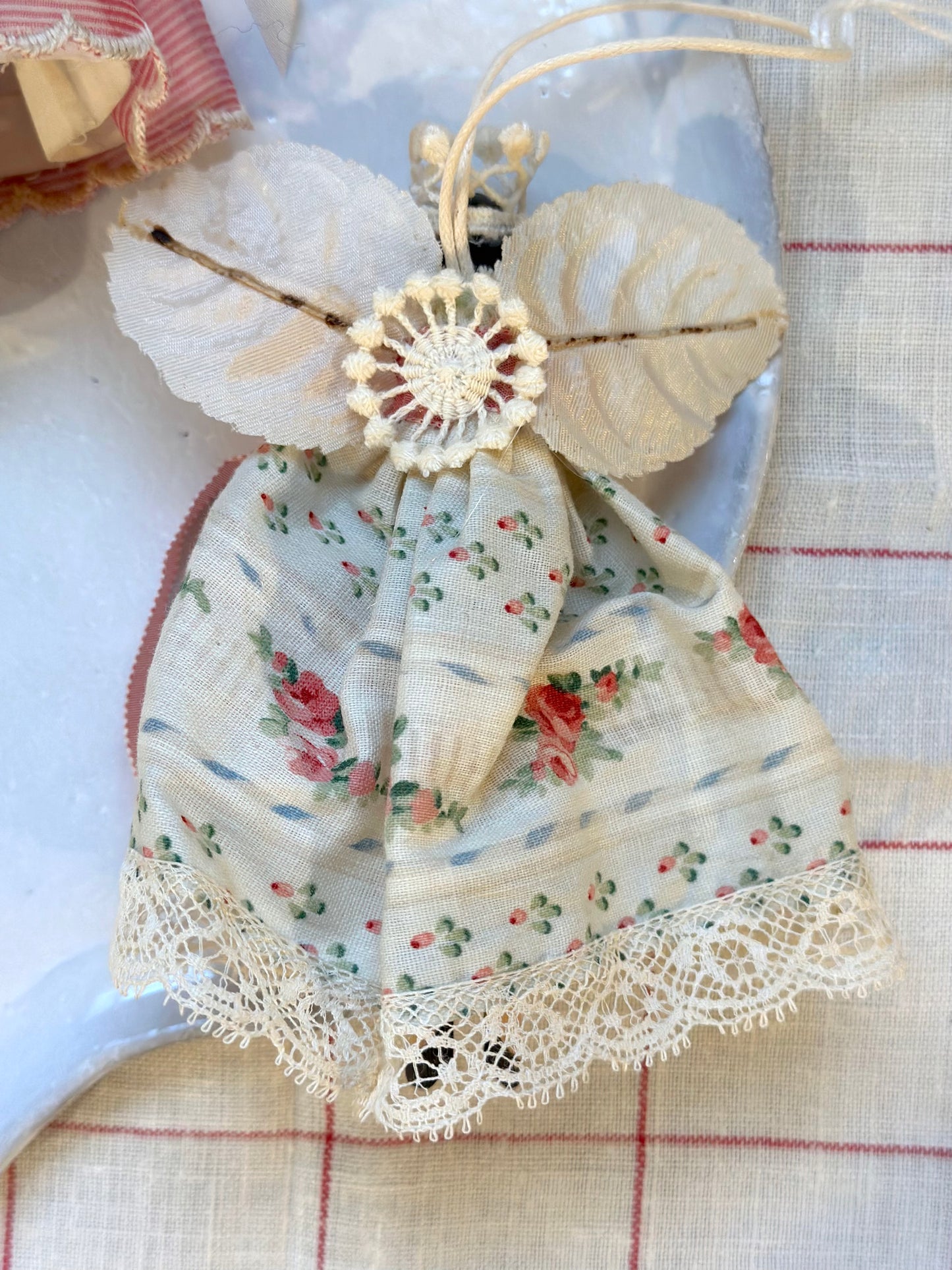 Handmade Pink Angel Ornaments With Antique French Fabric