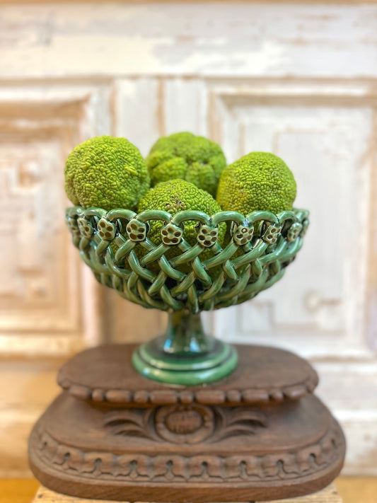 French Ceramic Woven Basket on Stand - Green