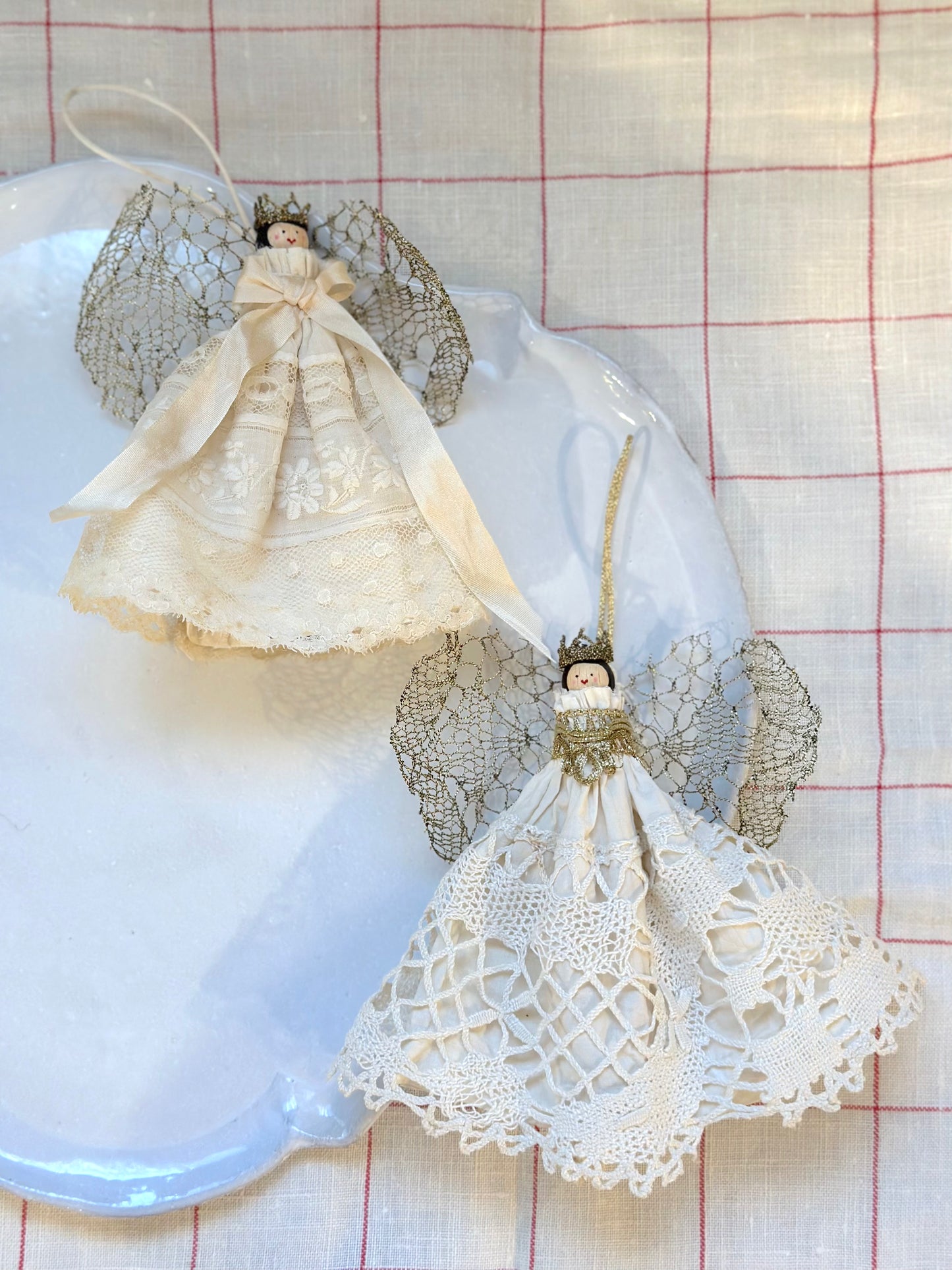 Handmade Cream & Gold Angel Ornaments With Antique French Fabric