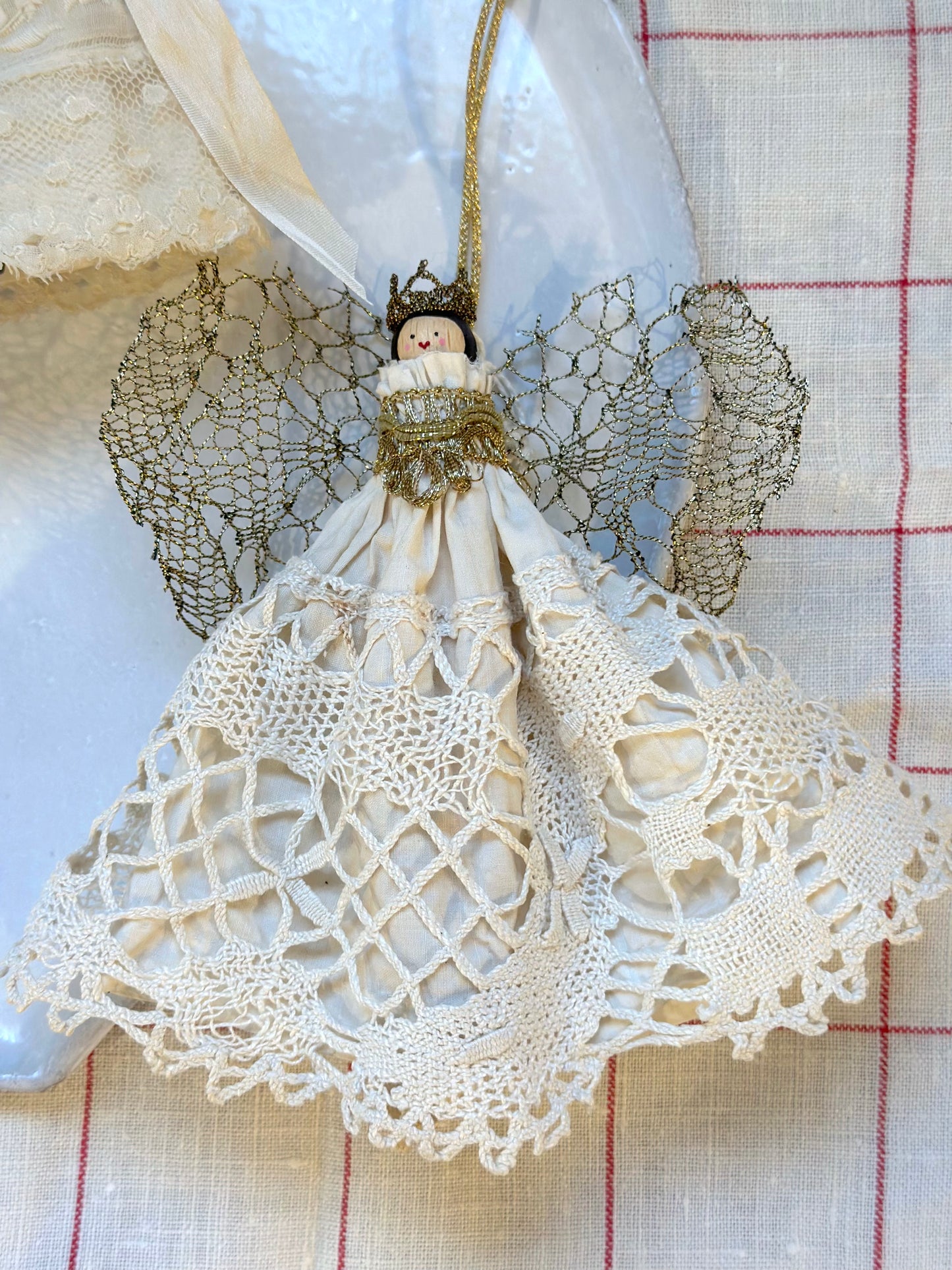 Handmade Cream & Gold Angel Ornaments With Antique French Fabric