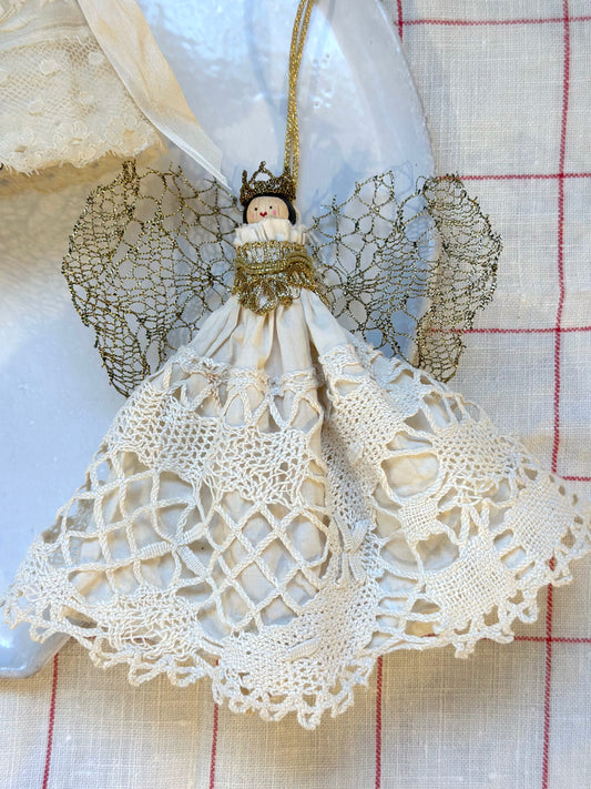 Handmade Cream & Gold Angel Ornaments With Antique French Fabric