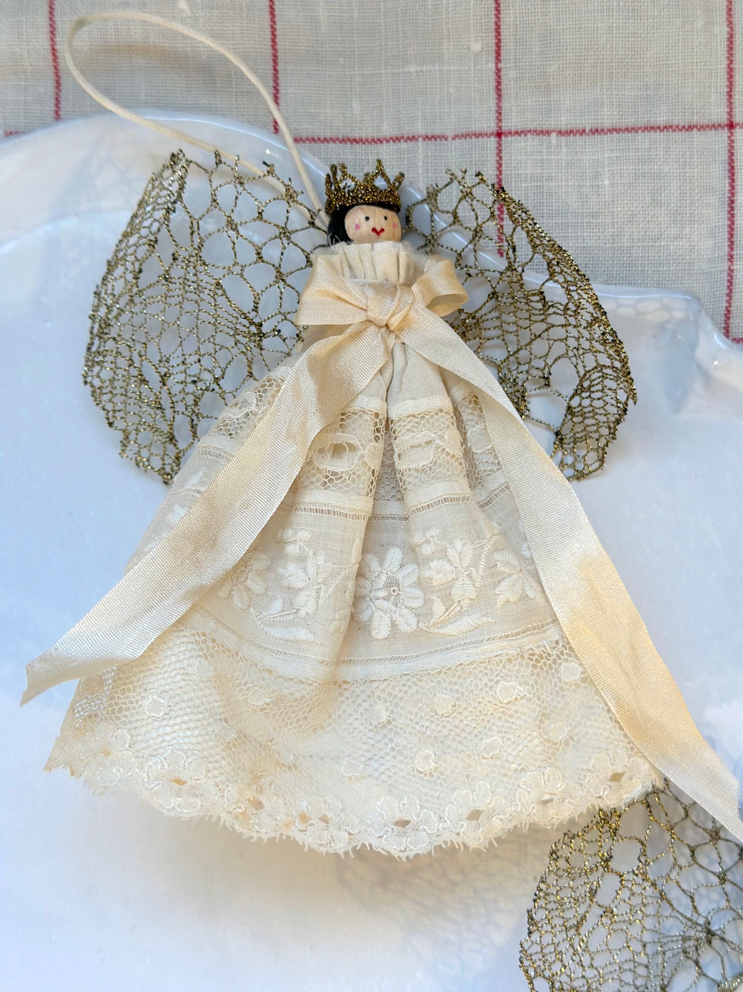 Handmade Cream & Gold Angel Ornaments With Antique French Fabric