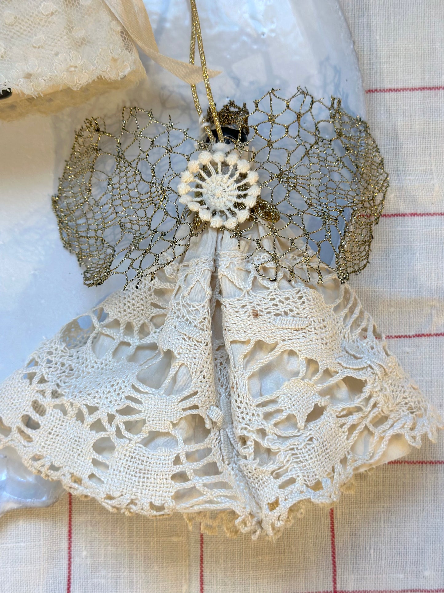 Handmade Cream & Gold Angel Ornaments With Antique French Fabric