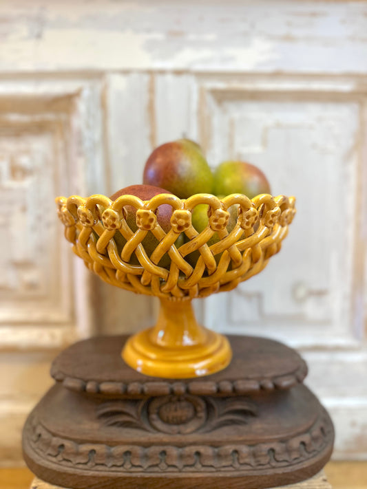 French Ceramic Woven Basket On Stand - Mustard