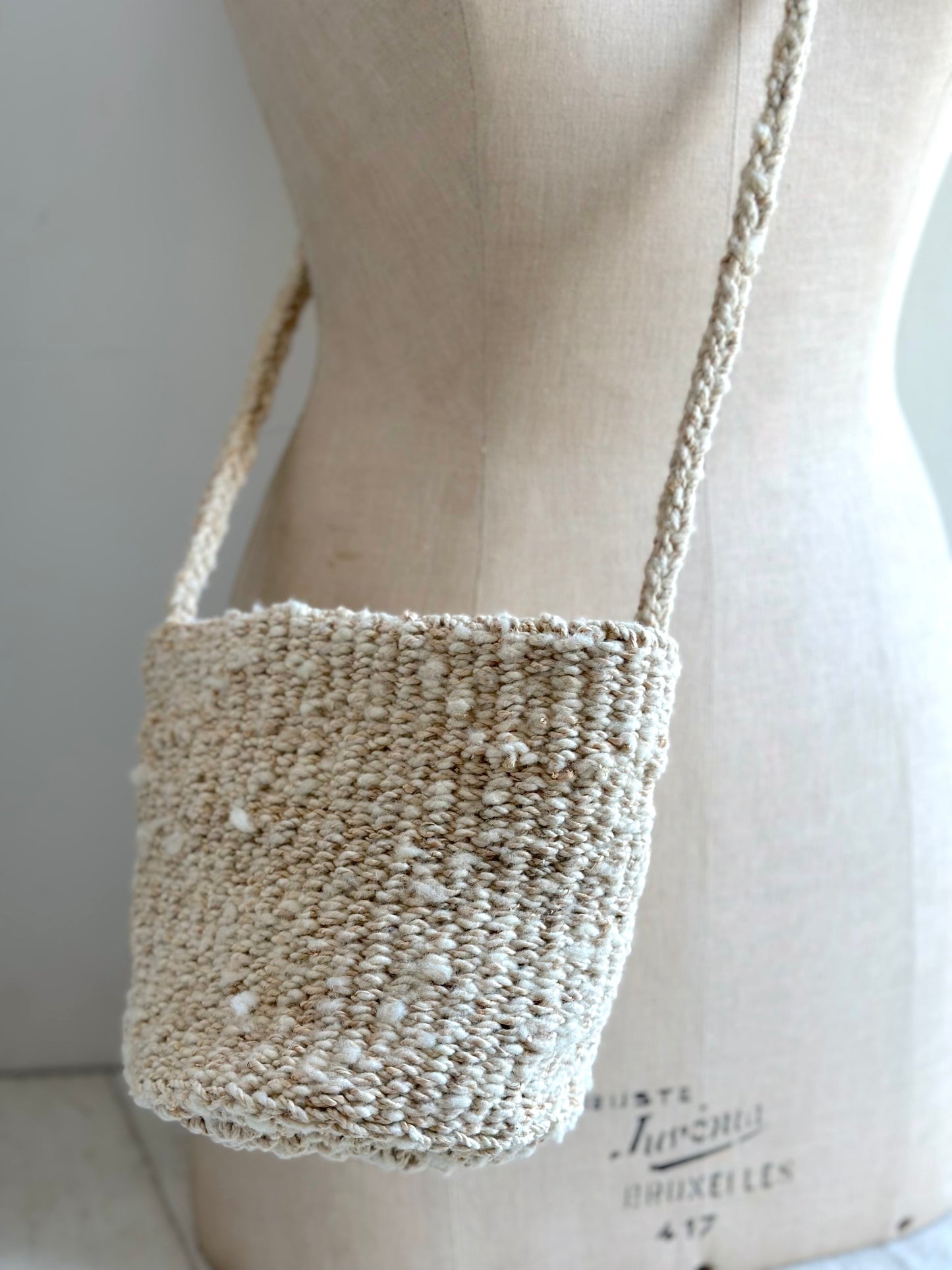 Sophie Digard Small Cream Crochet Wool Crossbody Basket Bag