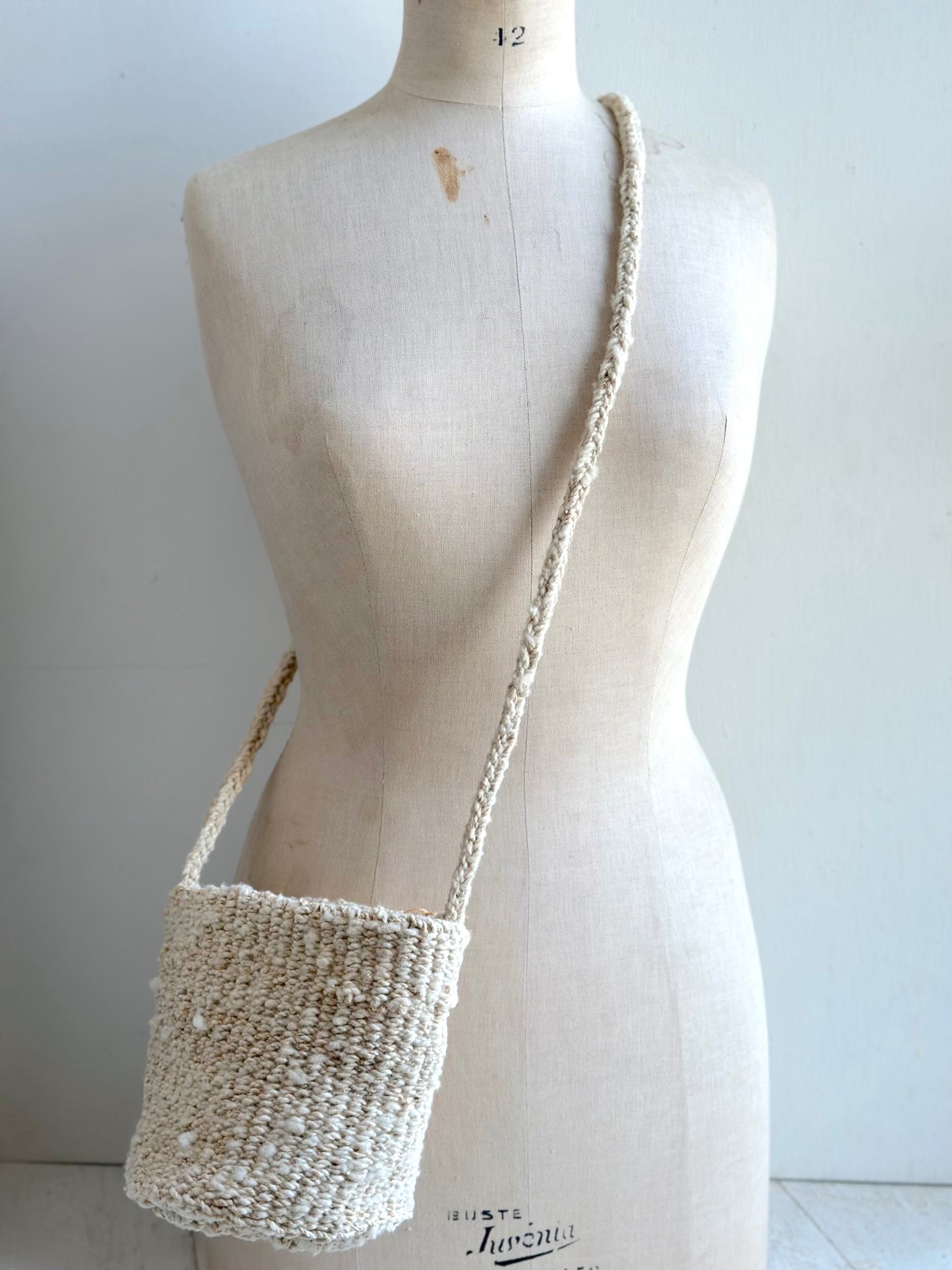 Sophie Digard Small Cream Crochet Wool Crossbody Basket Bag