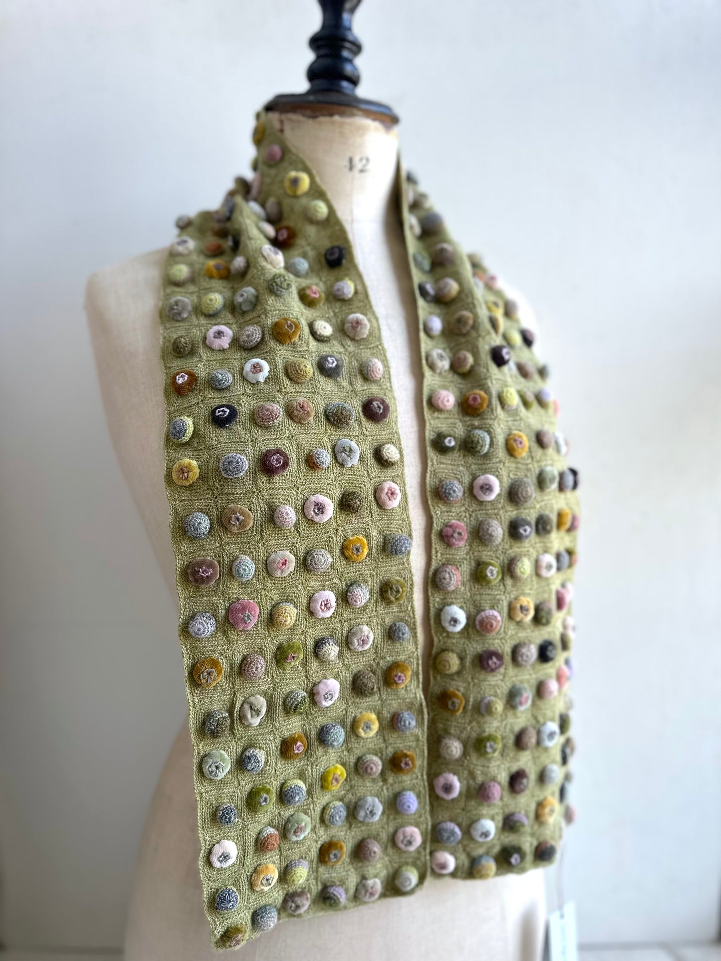 Sophie Digard Green Crochet Wool Scarf With Geometric Velvet Bobble Applique