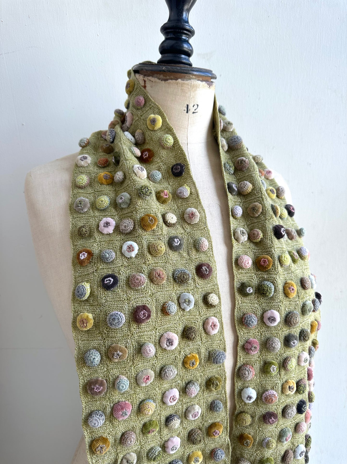 Sophie Digard Green Crochet Wool Scarf With Geometric Velvet Bobble Applique