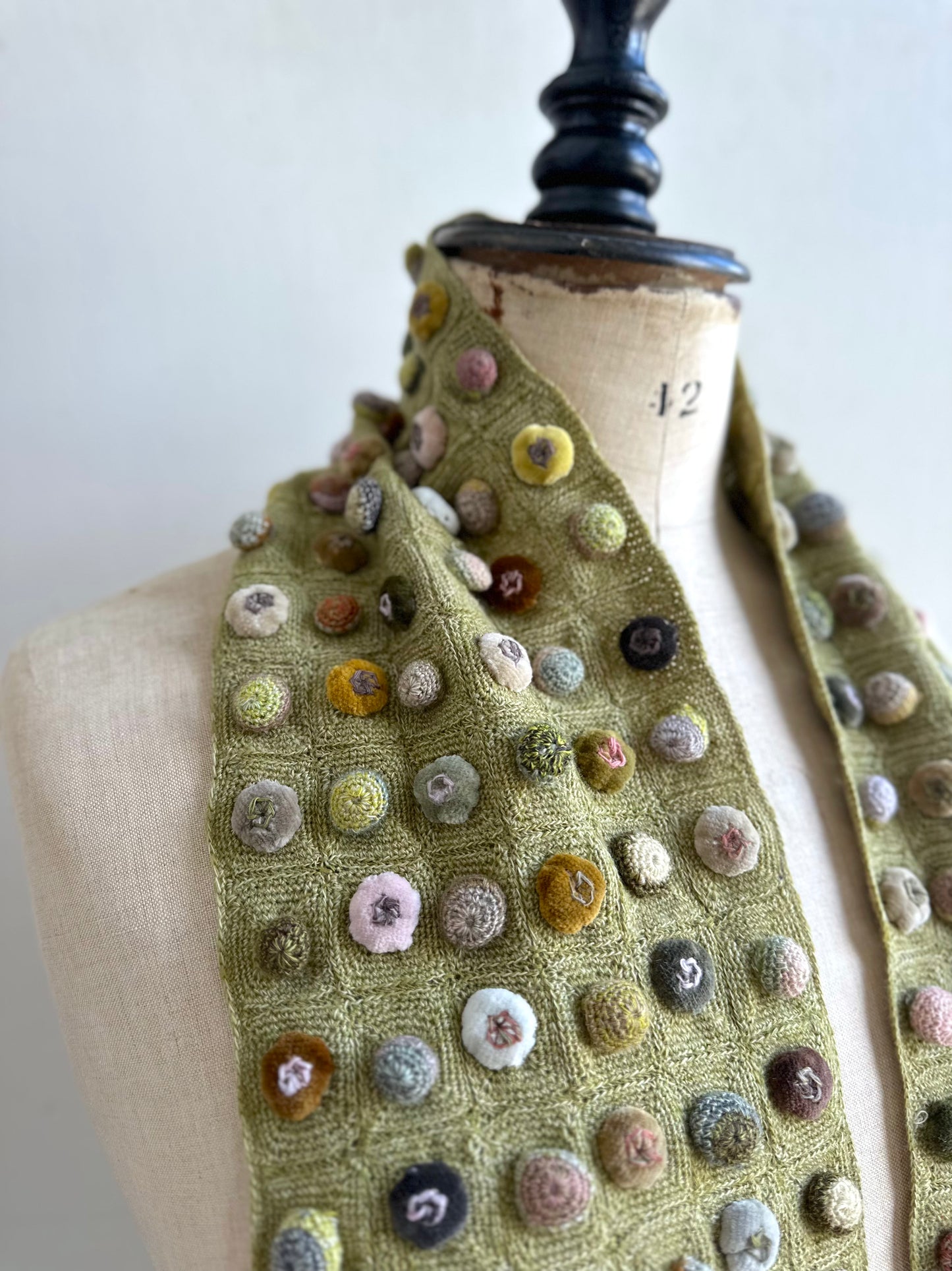 Sophie Digard Green Crochet Wool Scarf With Geometric Velvet Bobble Applique