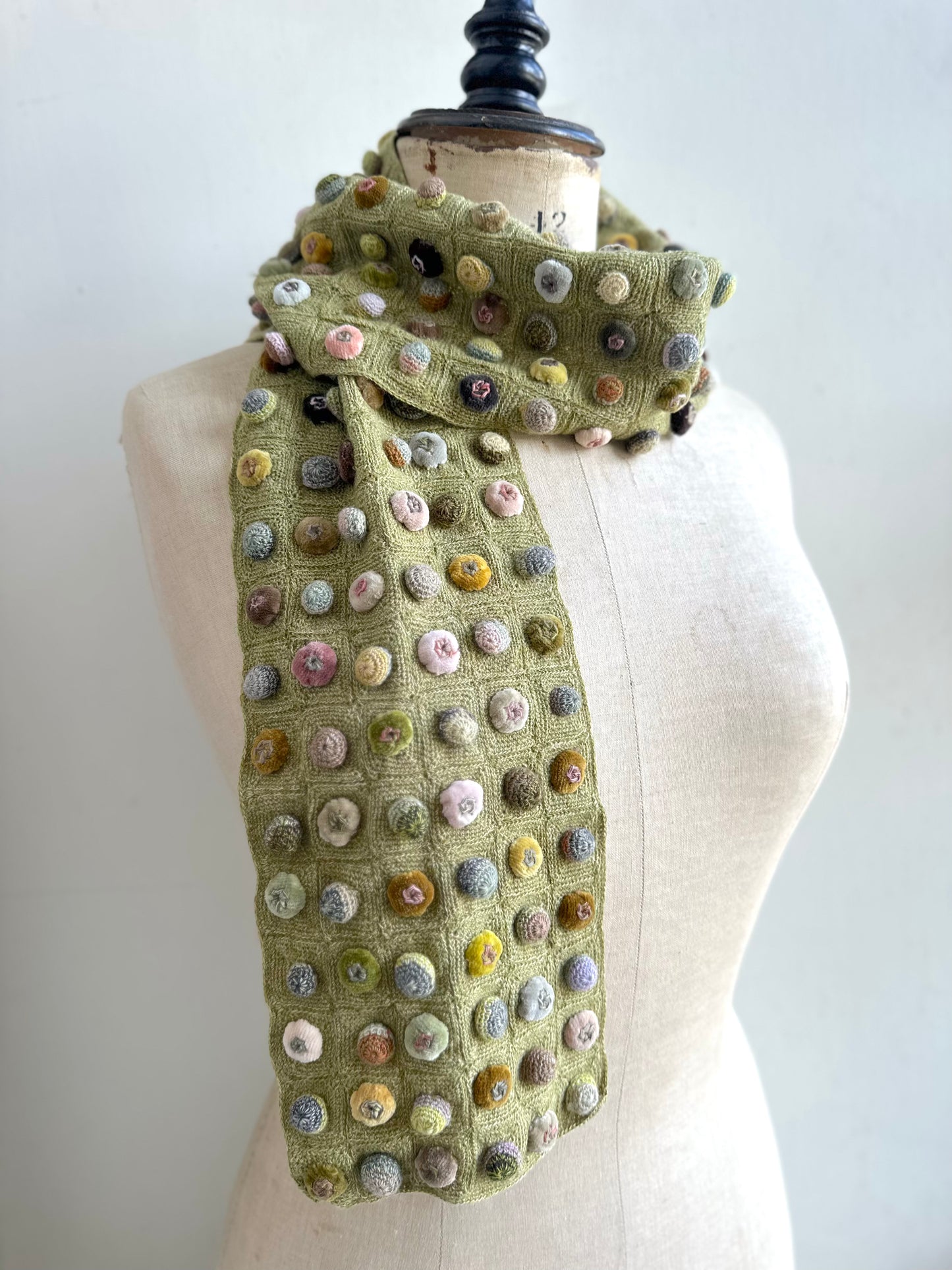 Sophie Digard Green Crochet Wool Scarf With Geometric Velvet Bobble Applique